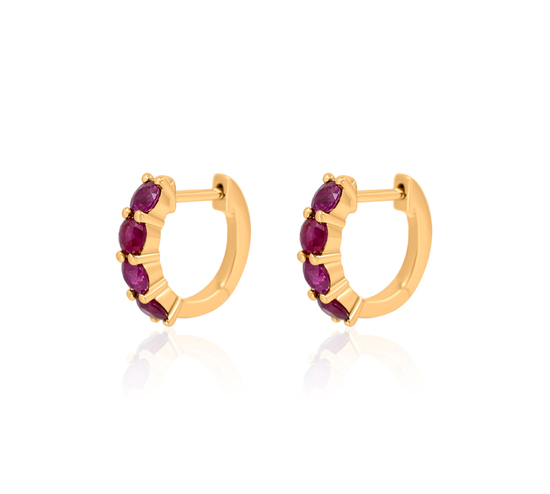 Gold Ruby Four Prong Hoop Earring