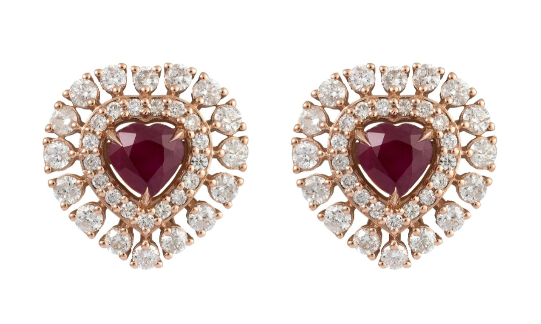 Gold Diamond Ruby Heart Earrings