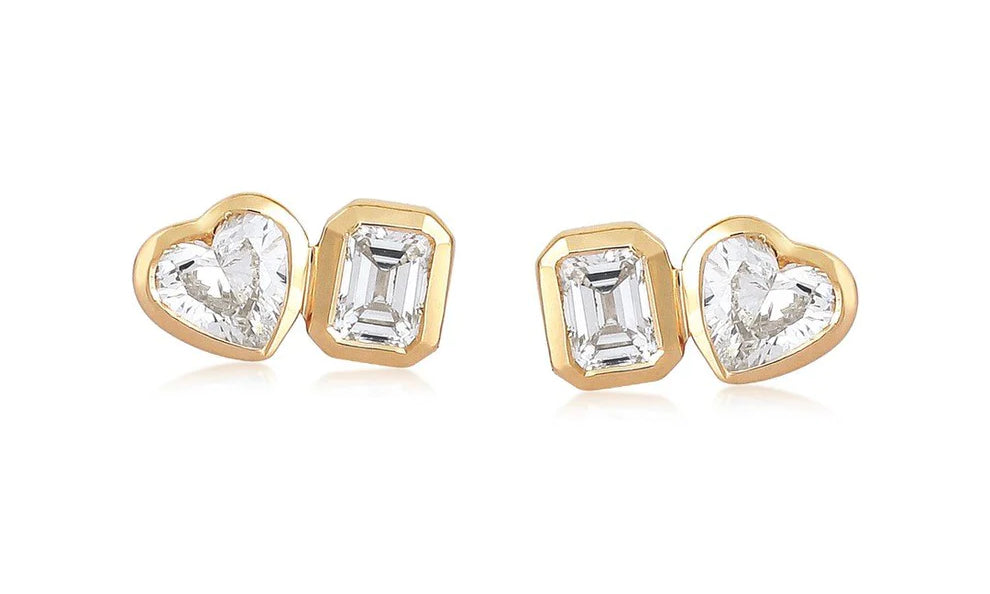 Gold Diamond Heart Emerald Cut Stud Earring by Monisha Melwani