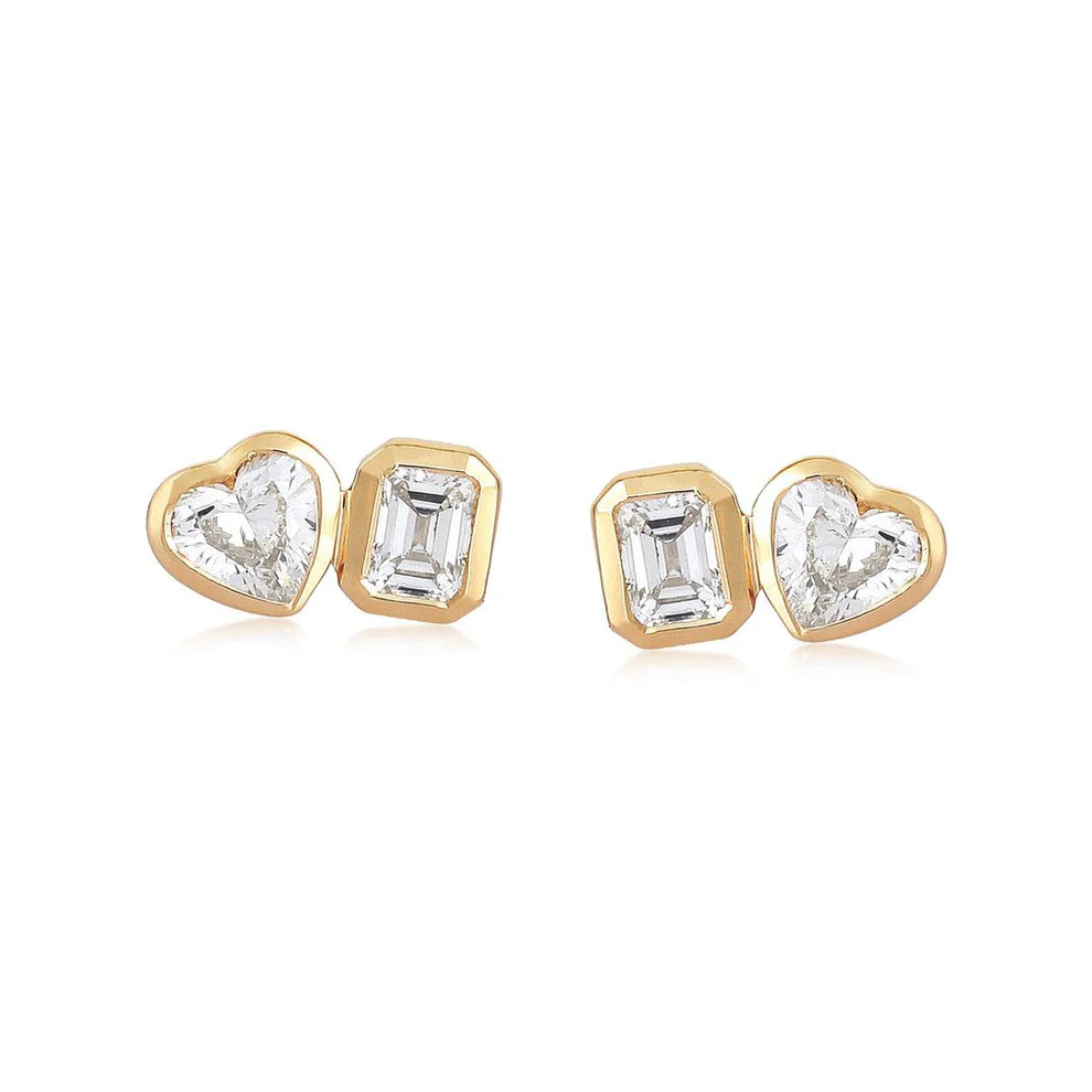 Gold Diamond Heart Emerald Cut Stud Earring by Monisha Melwani
