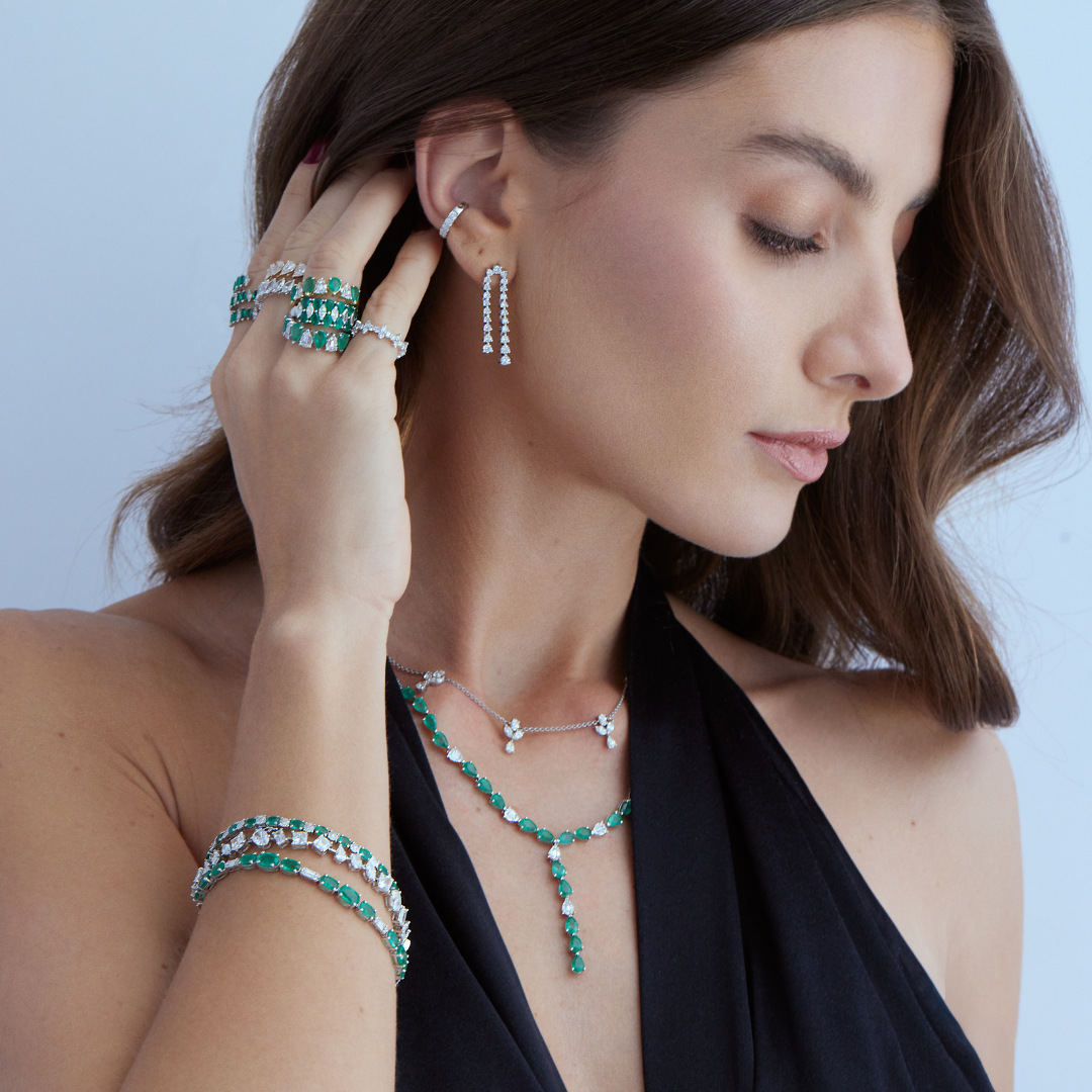 Gold Emerald Long Lariat Necklace by Monisha Melwani