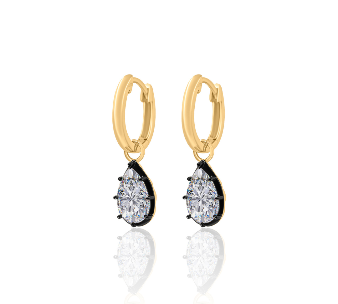 Gold Lab Grown Pear Black Rhodium Charm Earring