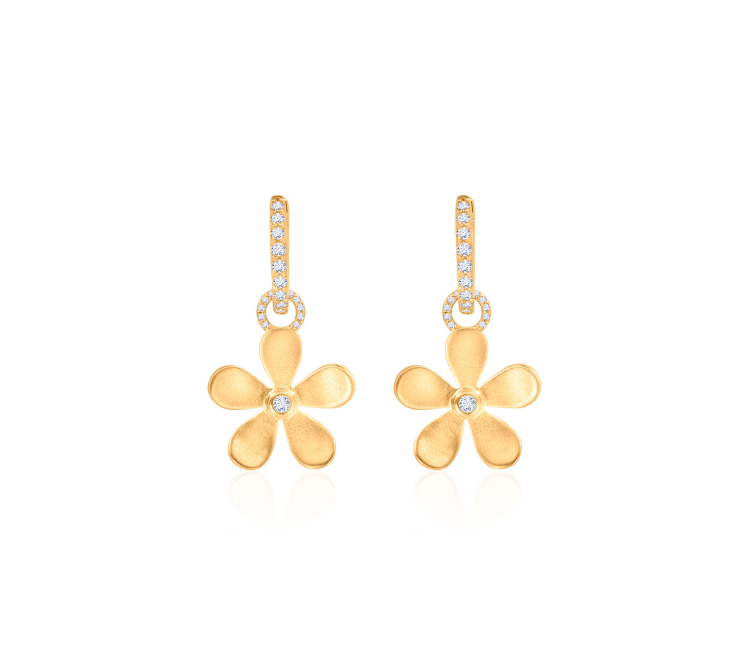 Gold Diamond Flower Charm Hoop Earrings