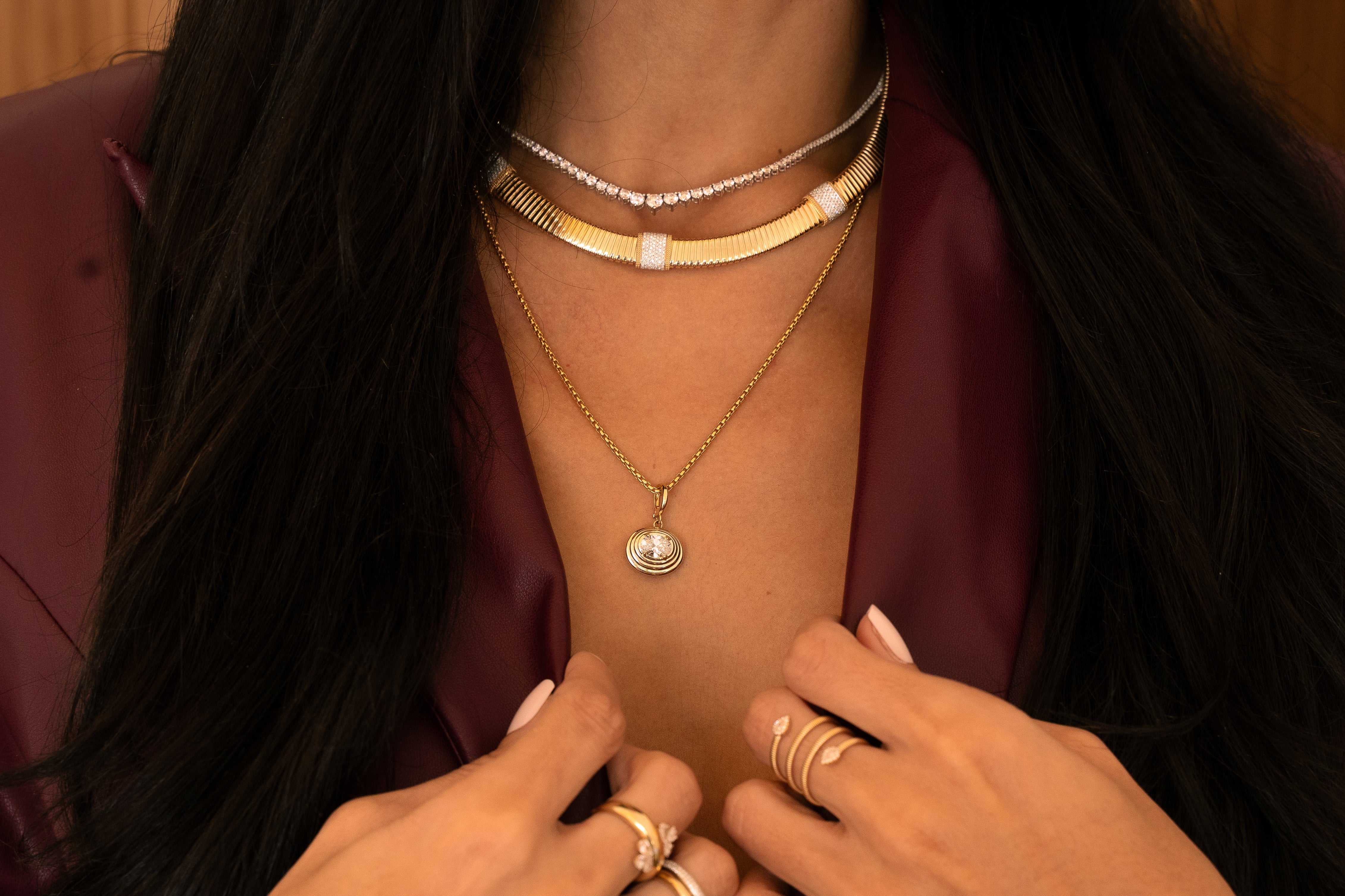 Gold Textured Pave Diamond Square Necklace