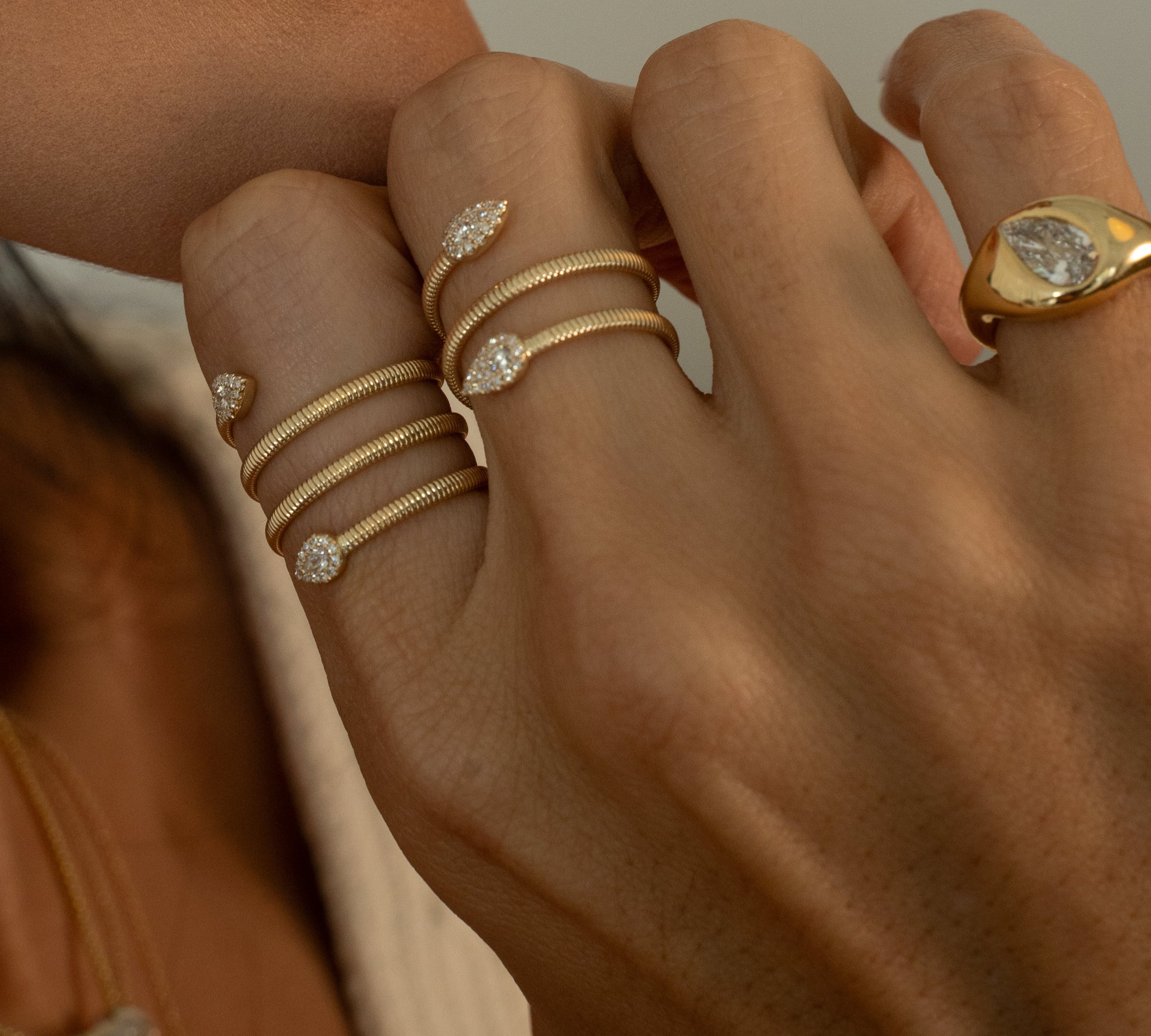 Gold Textured Four Wrap Pave Diamond Pear Ring