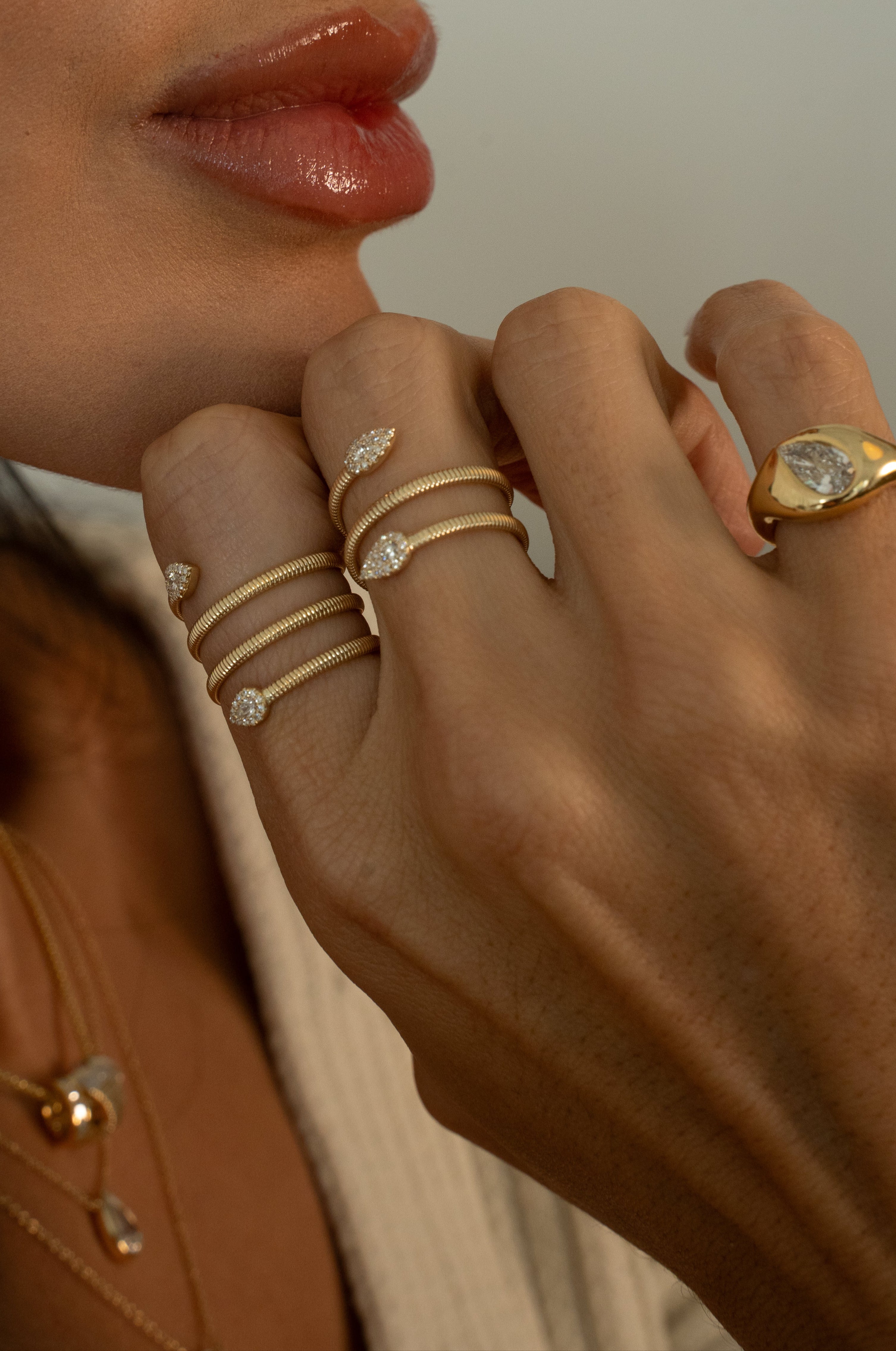 Gold Textured Four Wrap Pave Diamond Pear Ring