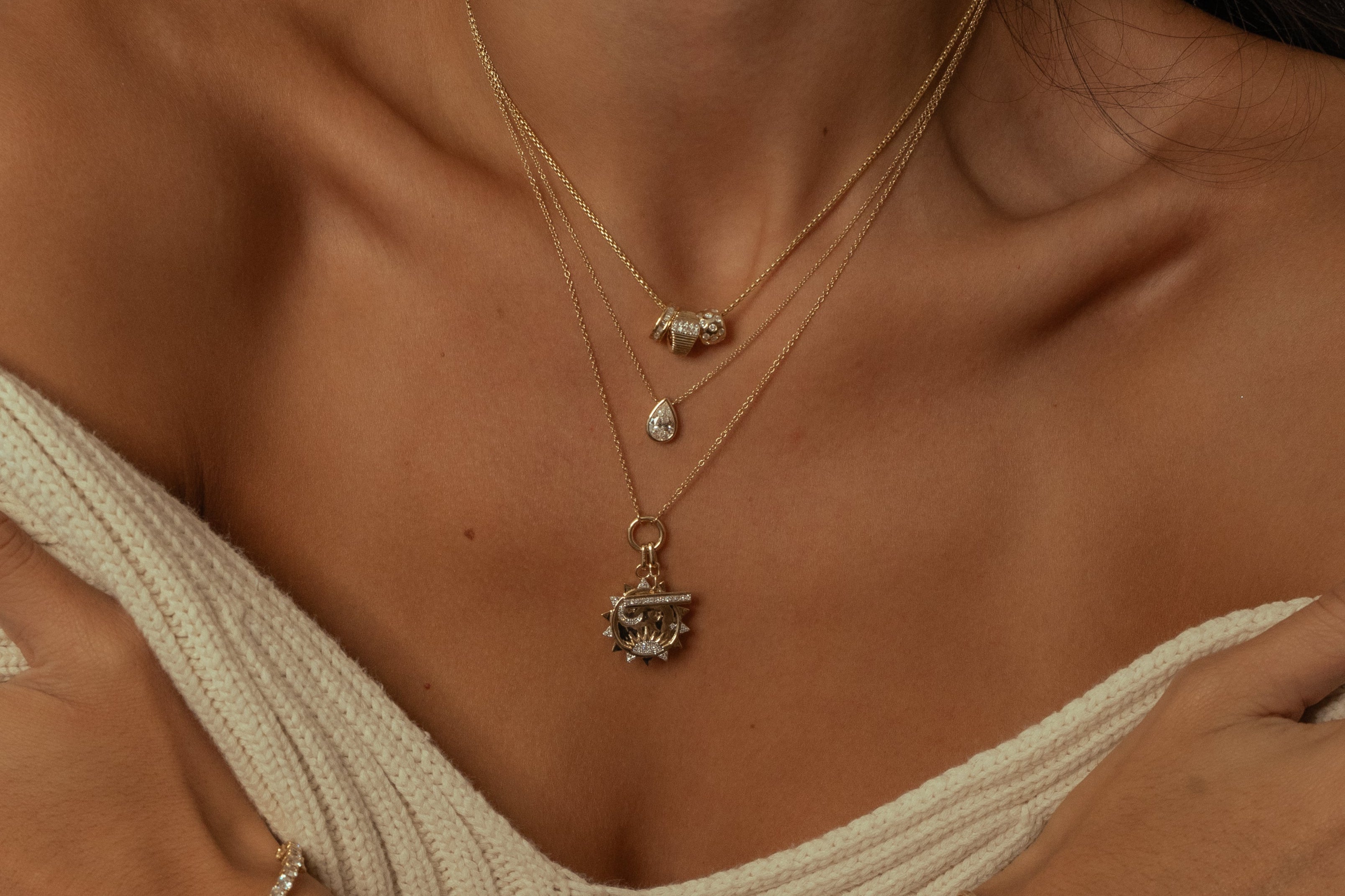 Gold Diamond Round Sun and Toggle Charm Necklace