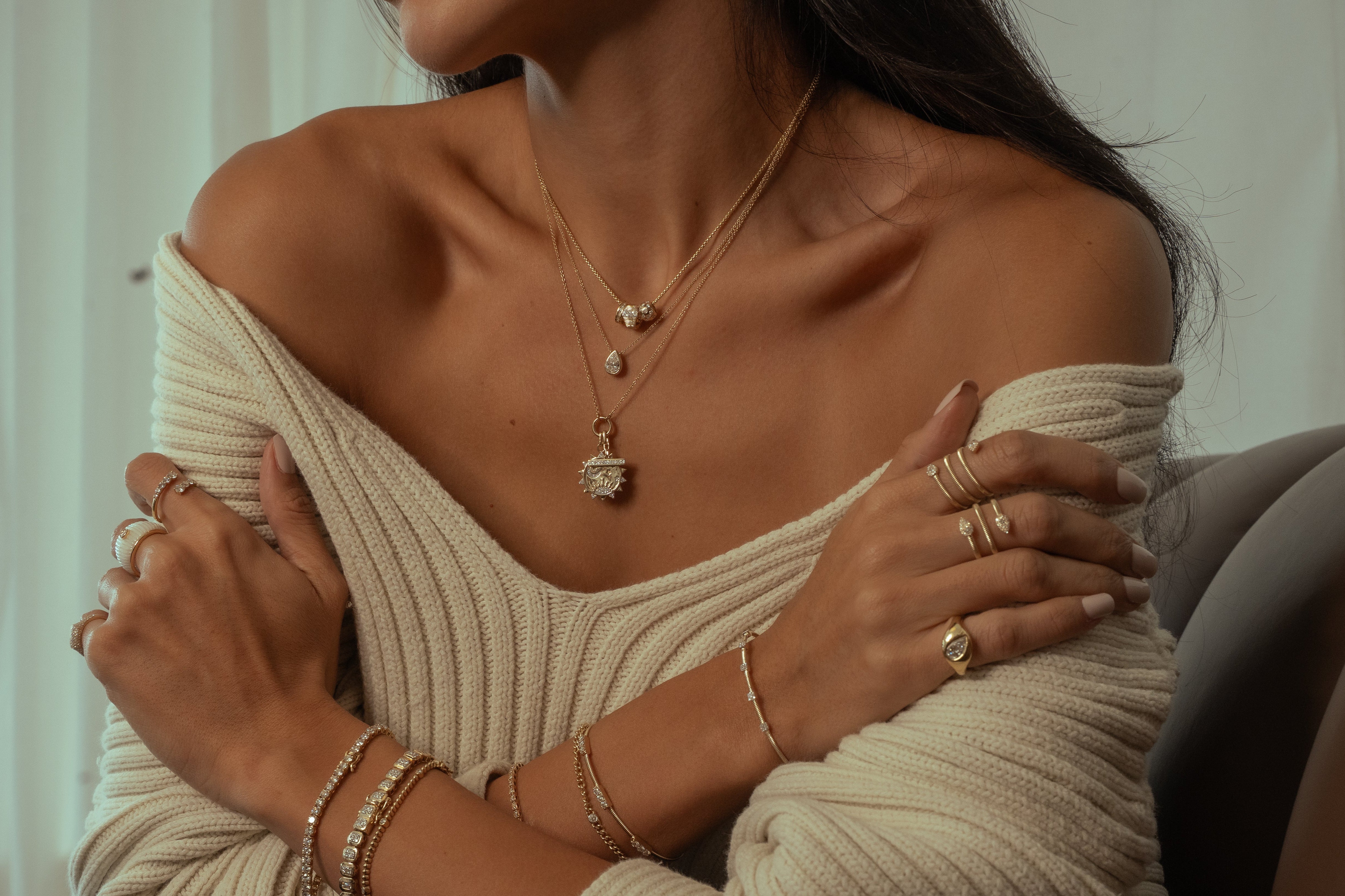 Gold Diamond Round Sun and Toggle Charm Necklace