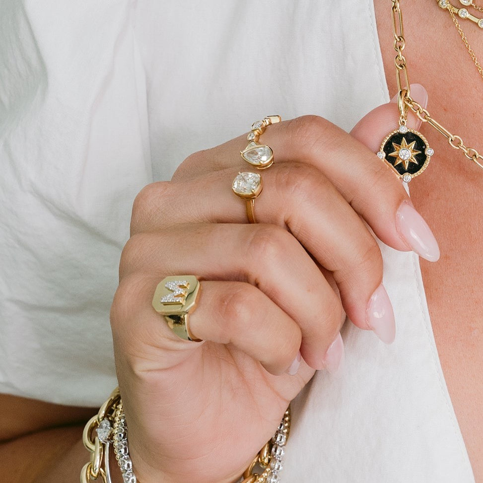 Gold Diamond Initial Signet Ring