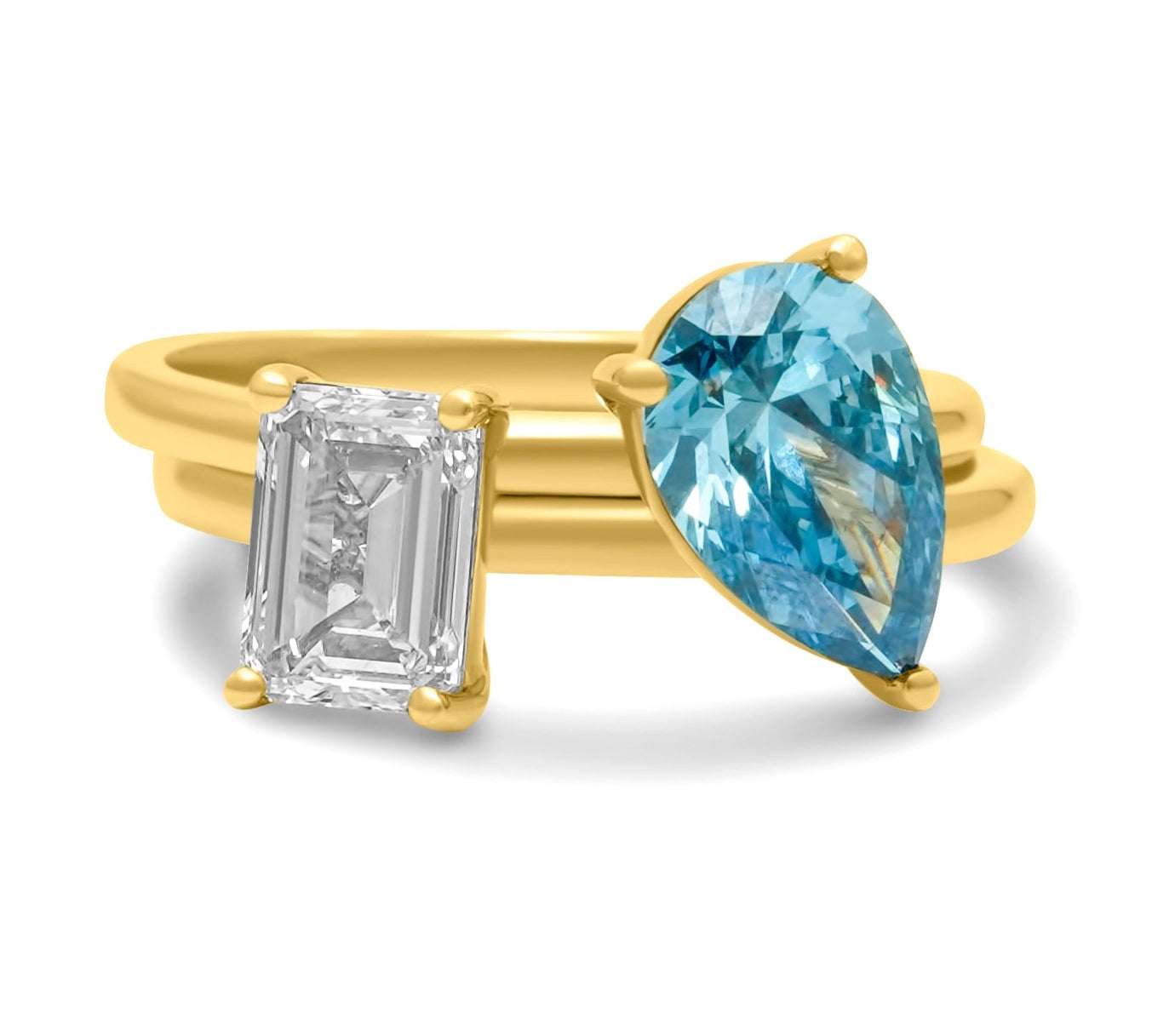 Gold Lab Grown Blue Diamond Pear and Emerald Cut Double Ring