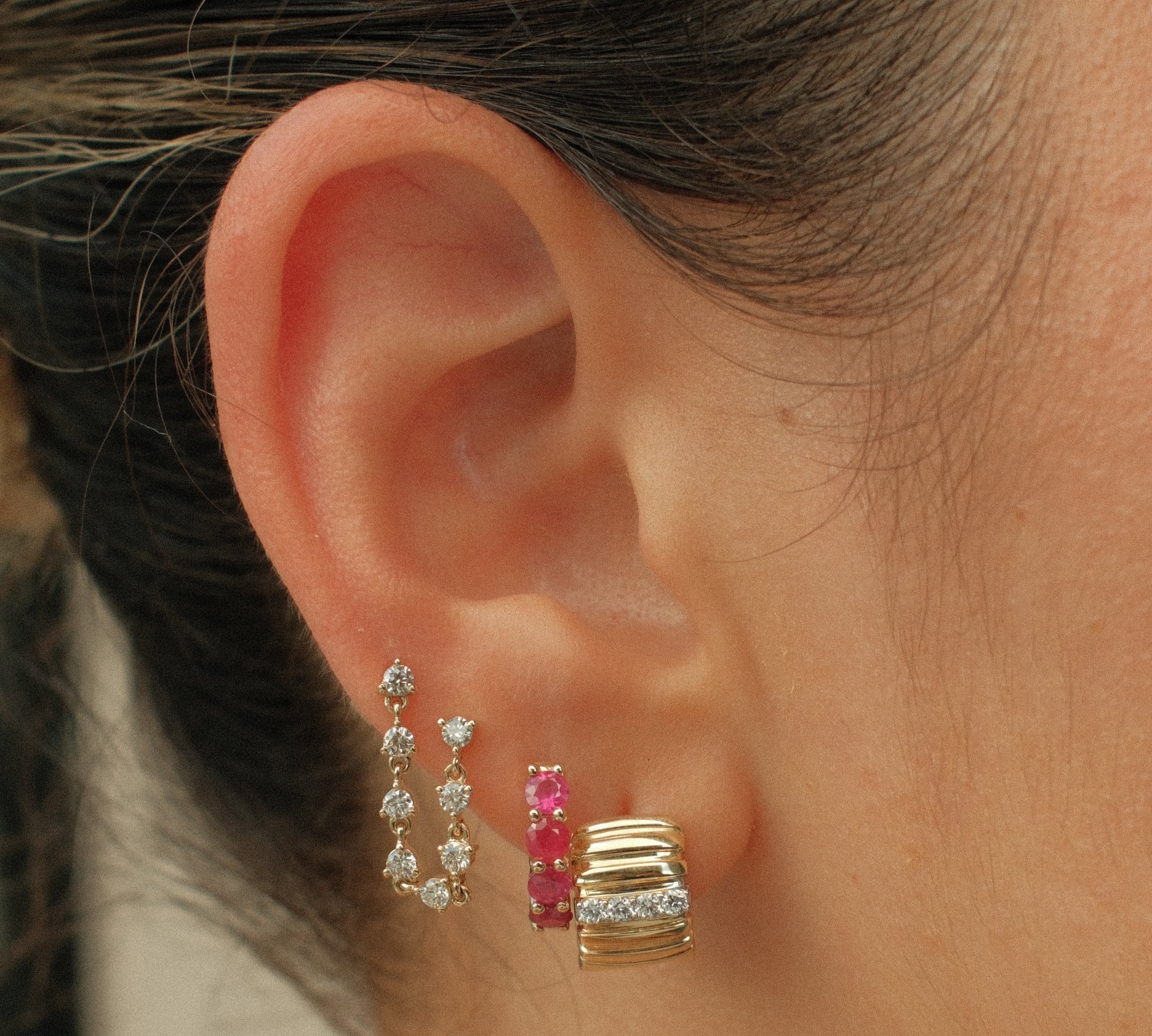 Gold Ruby Four Prong Hoop Earring