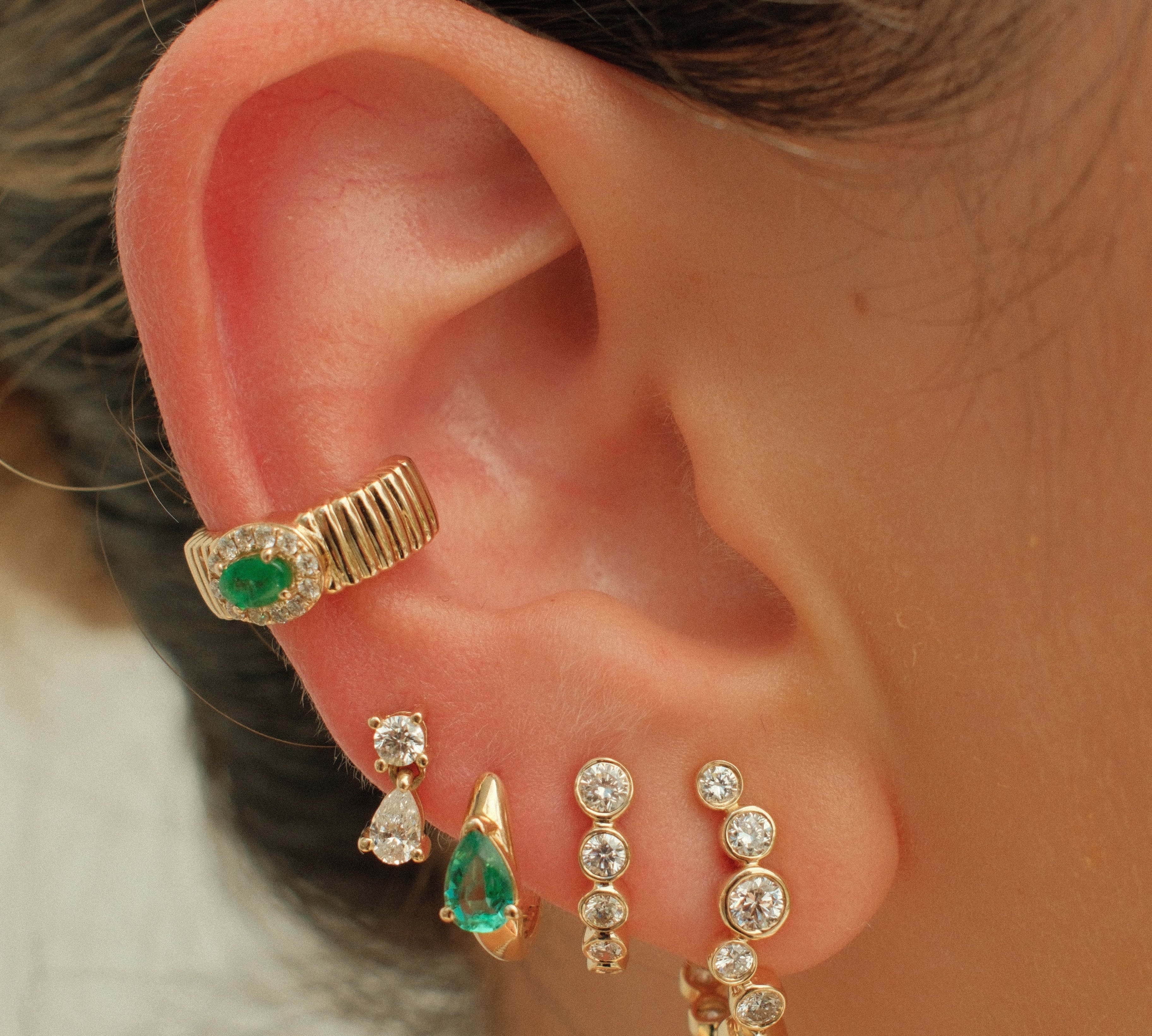 Gold Diamond Emerald Fluted Ear Cuff