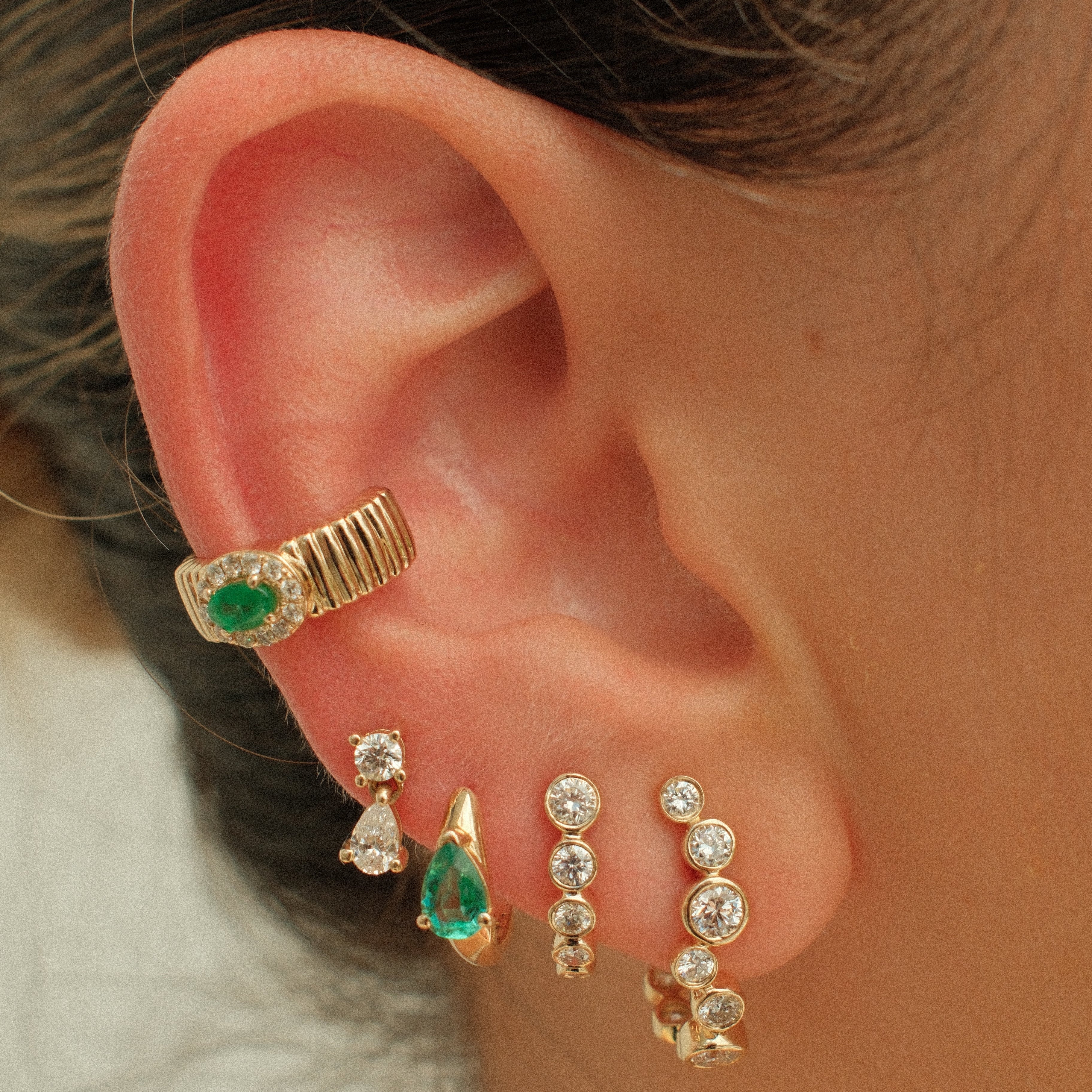 Gold Diamond Emerald Fluted Ear Cuff