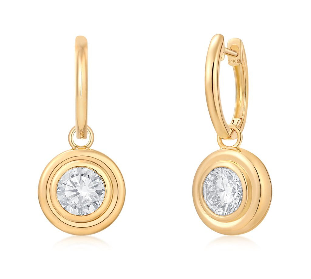 Gold Lab Grown Round Bezel Charm Earring
