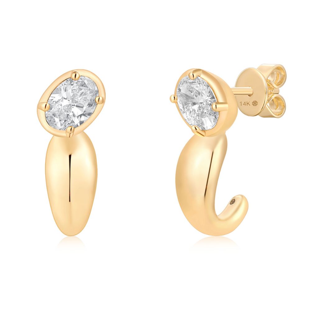 Gold Lab Grown Oval Bubble Half Hoop Earring