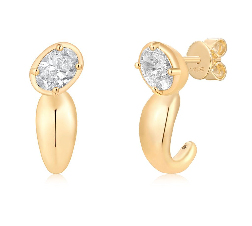 Gold Lab Grown Oval Bubble Half Hoop Earring