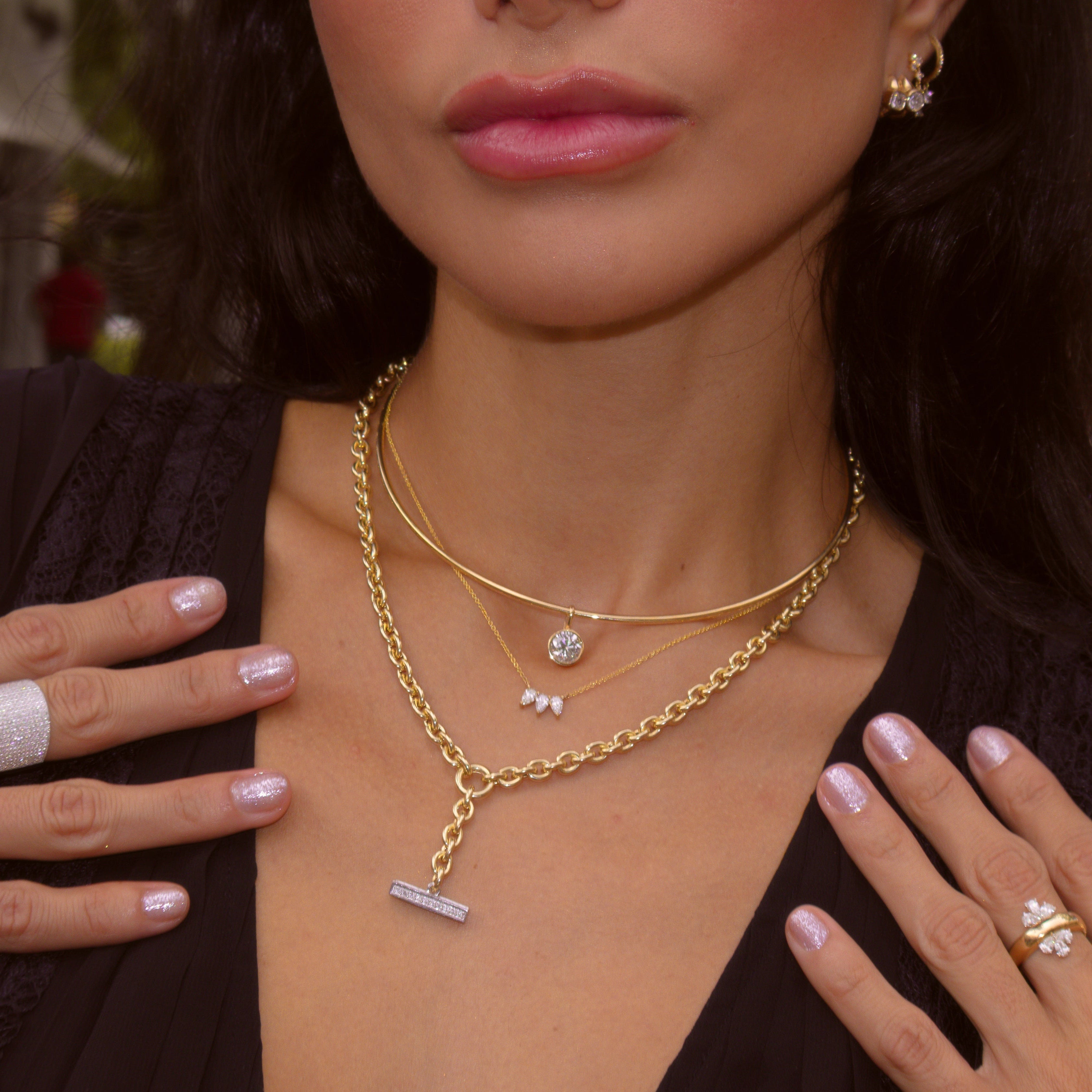 Gold Diamond Round Link Lariat Necklace