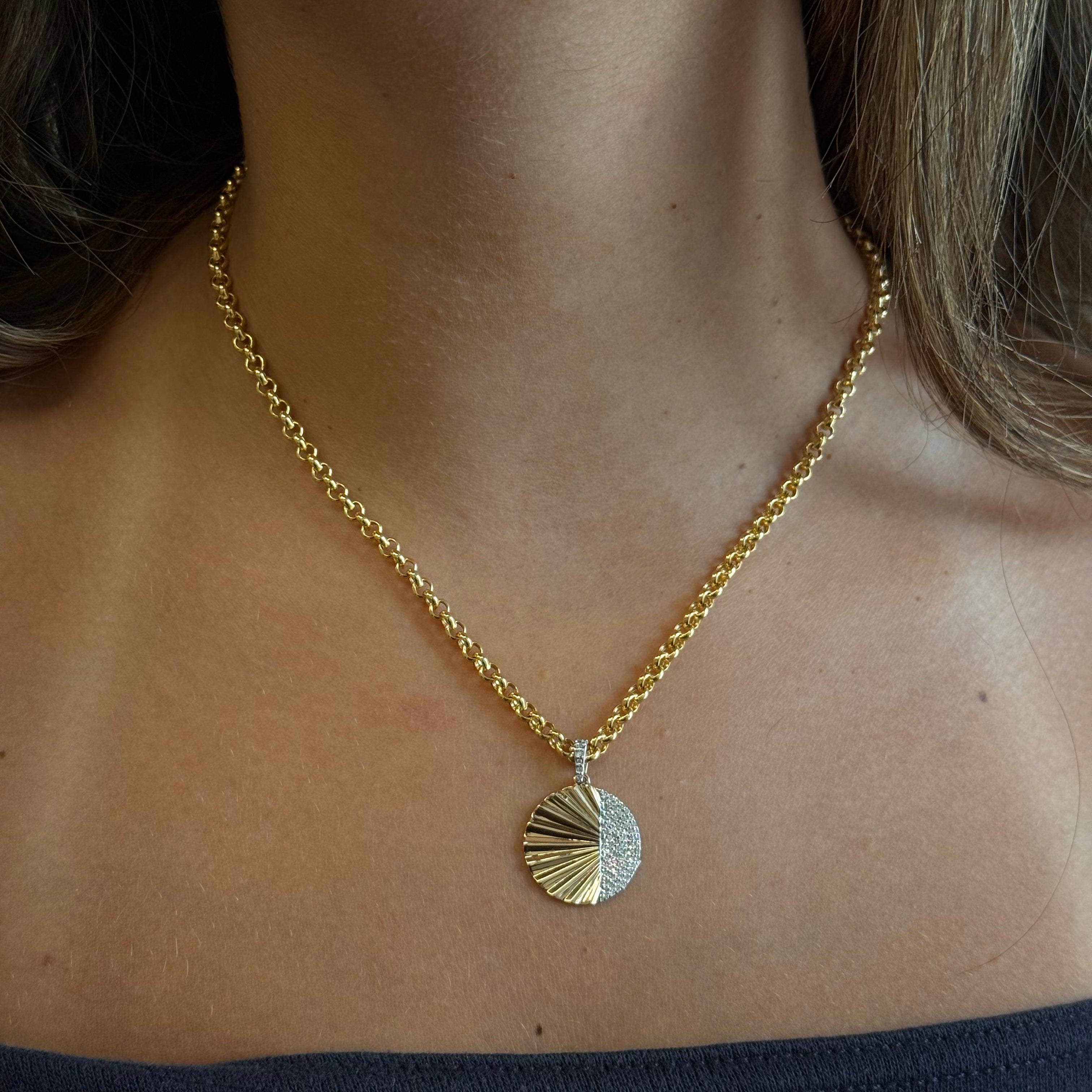Gold Pave Diamond Fluted Round Pendant
