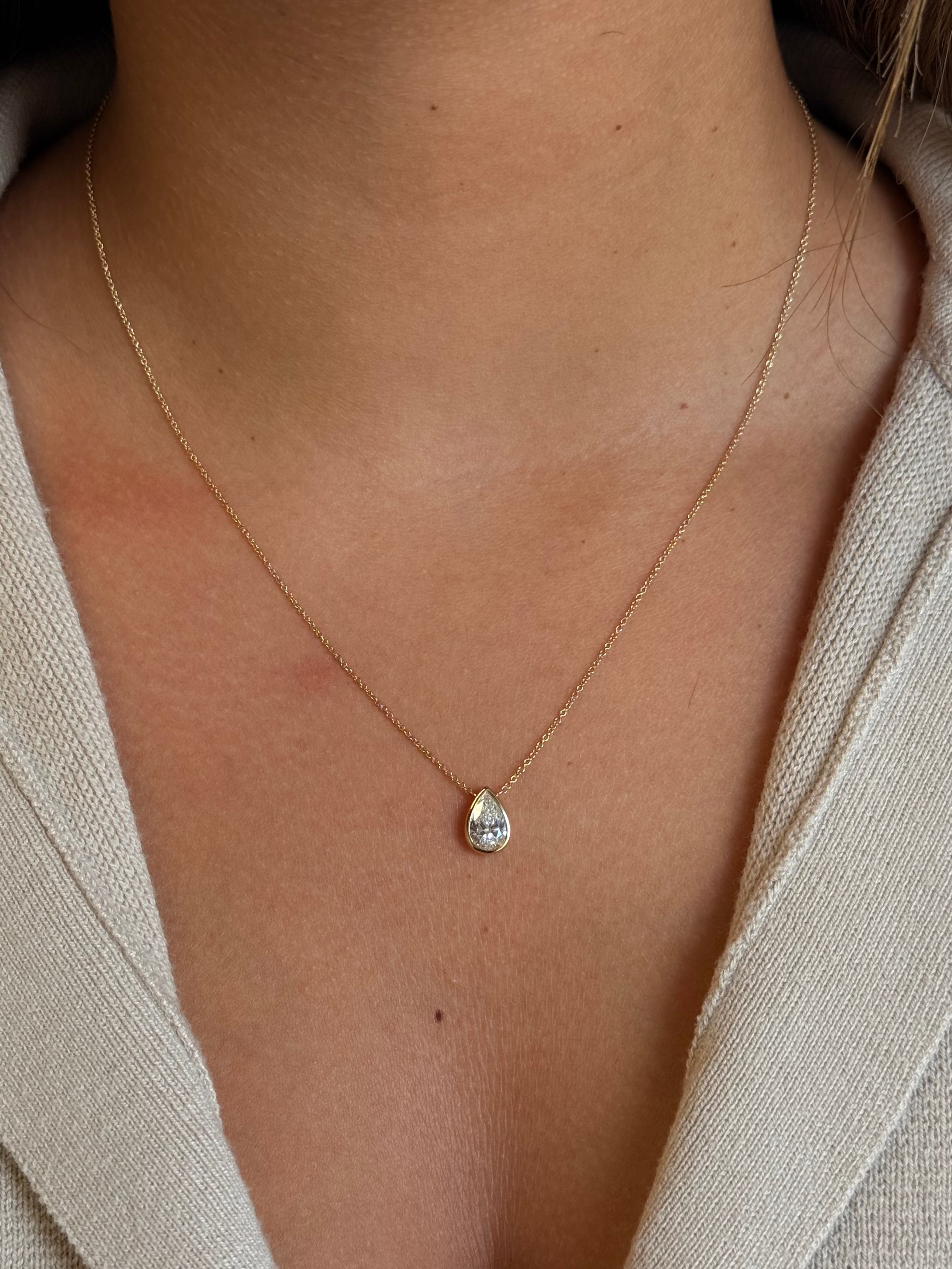 Gold Lab Grown Bezel Pear Necklace