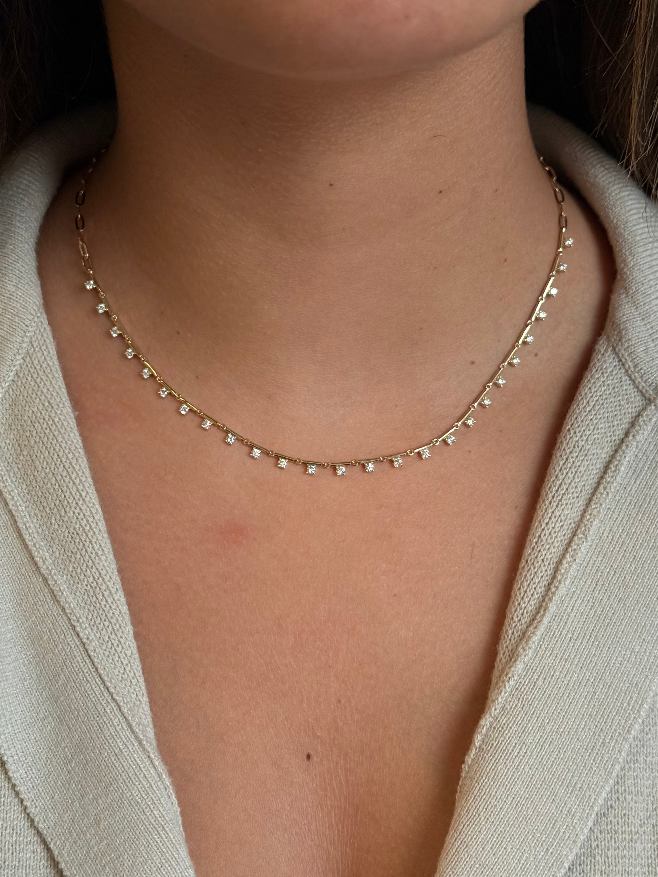 Gold Multi Bar Round Diamond Drop Necklace
