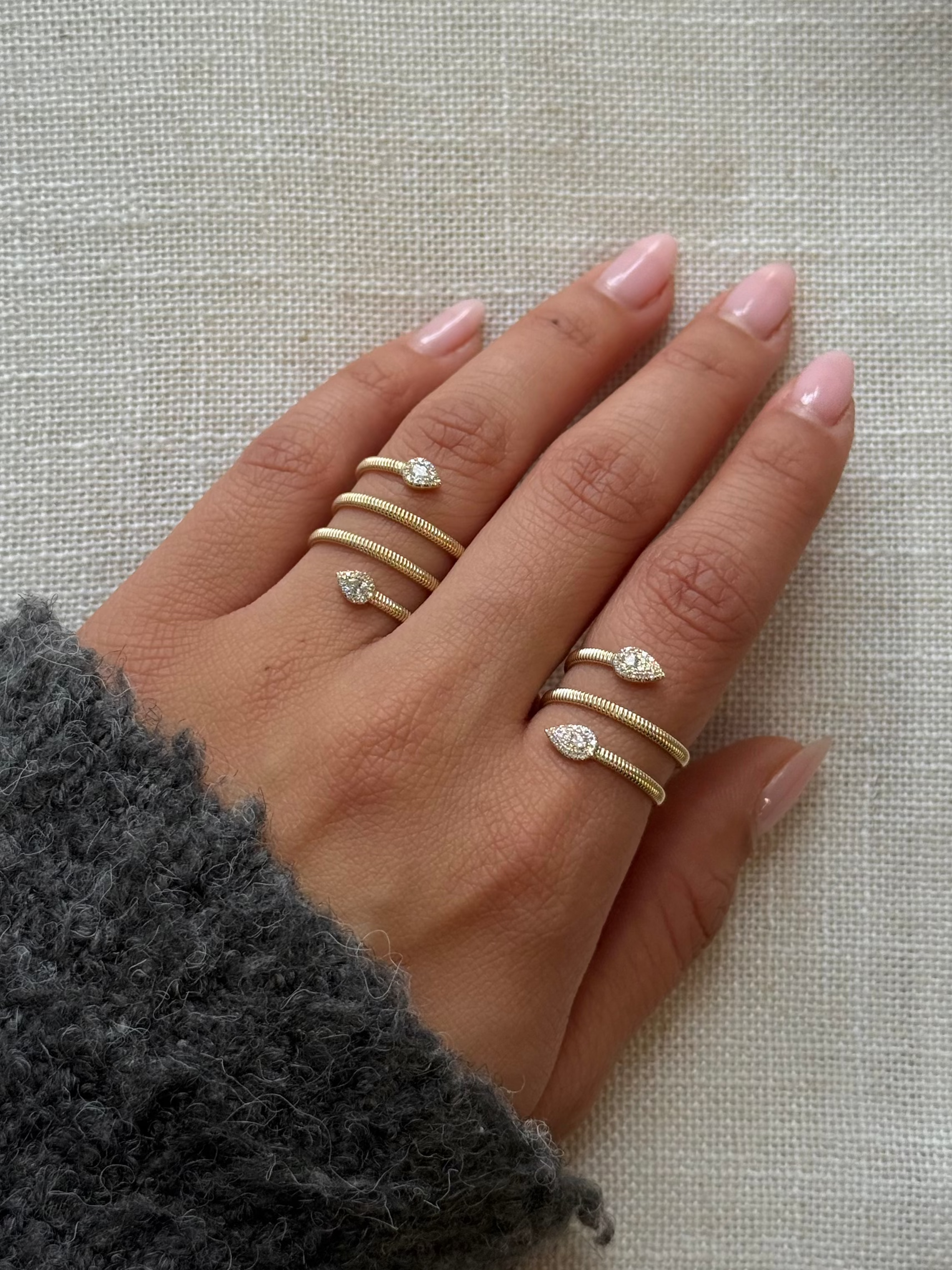 Gold Textured Four Wrap Pave Diamond Pear Ring