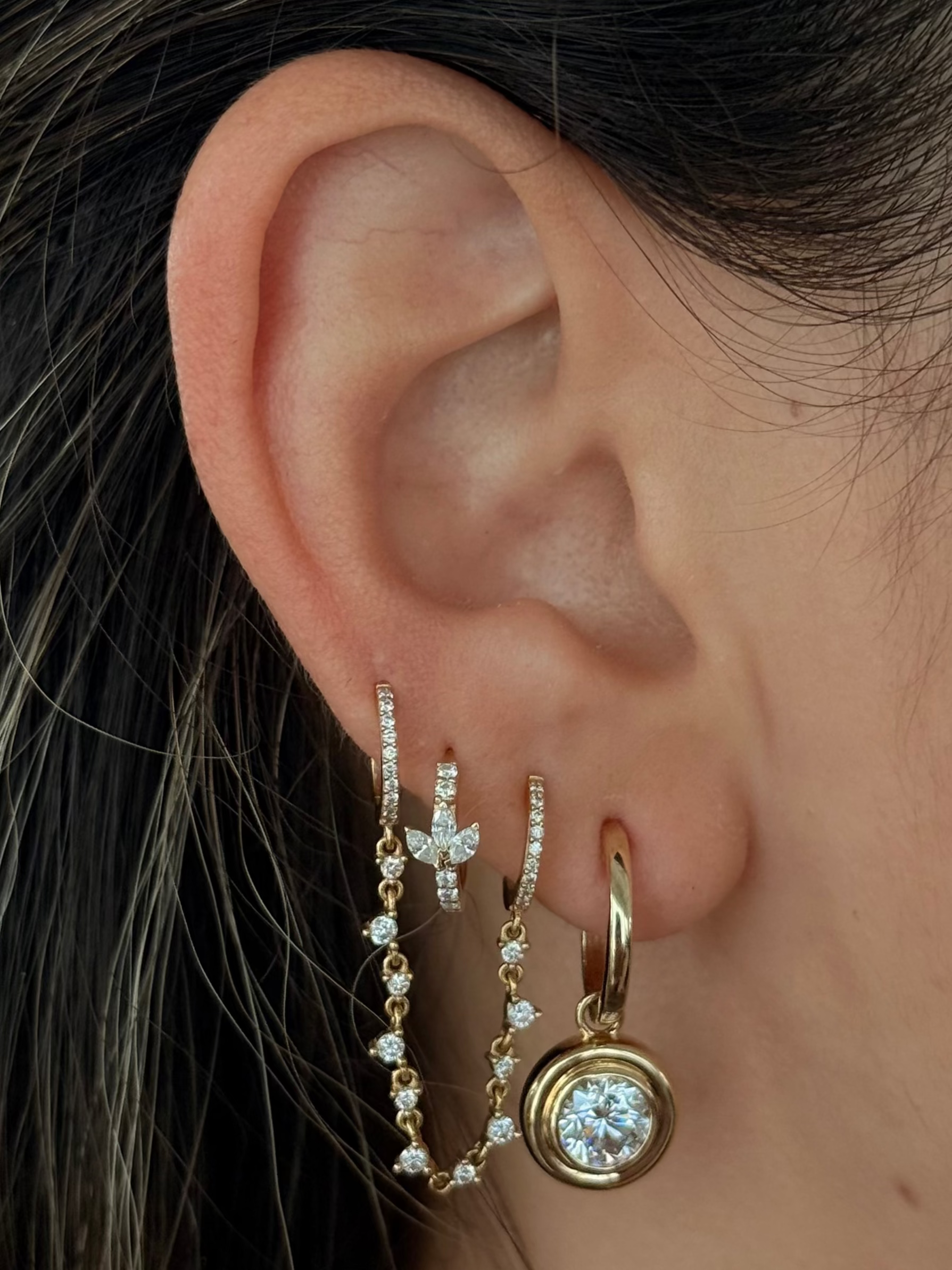 Gold Lab Grown Round Bezel Charm Earring