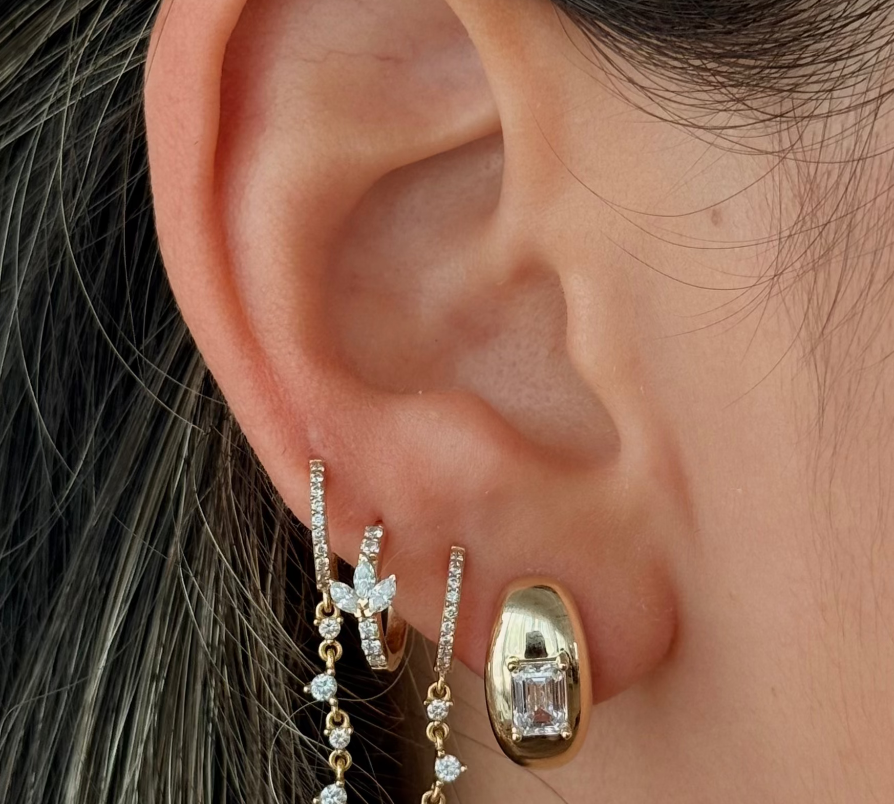 Gold Lab Grown Emerald Half Bubble Hoop Earring
