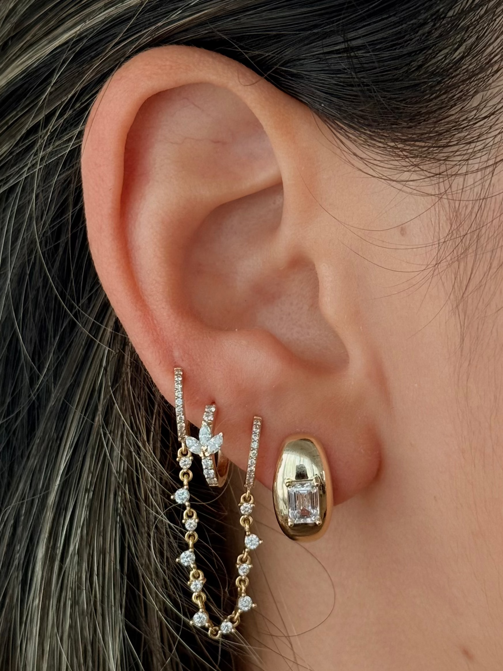 Gold Lab Grown Emerald Half Bubble Hoop Earring