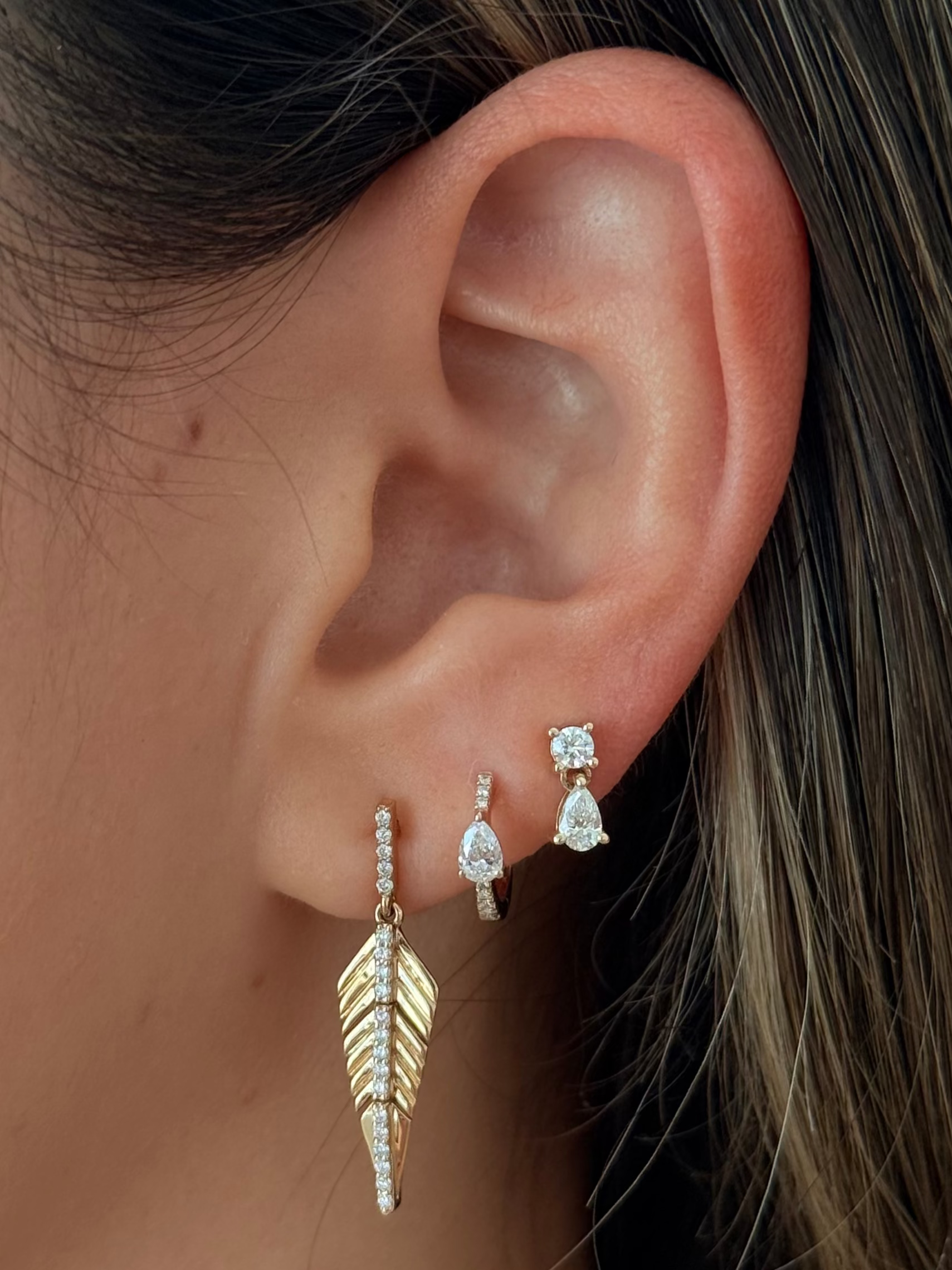 Gold Diamond Feather Drop Earring