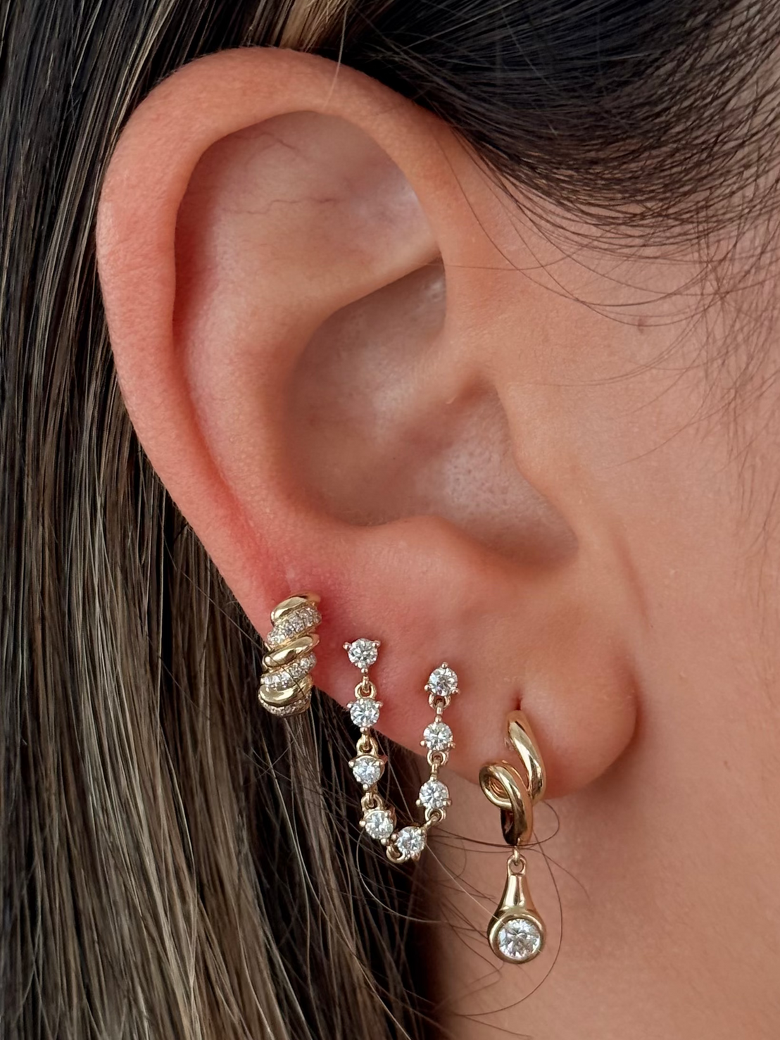 Gold Bezel Diamond Drop Twist Hoop Earring