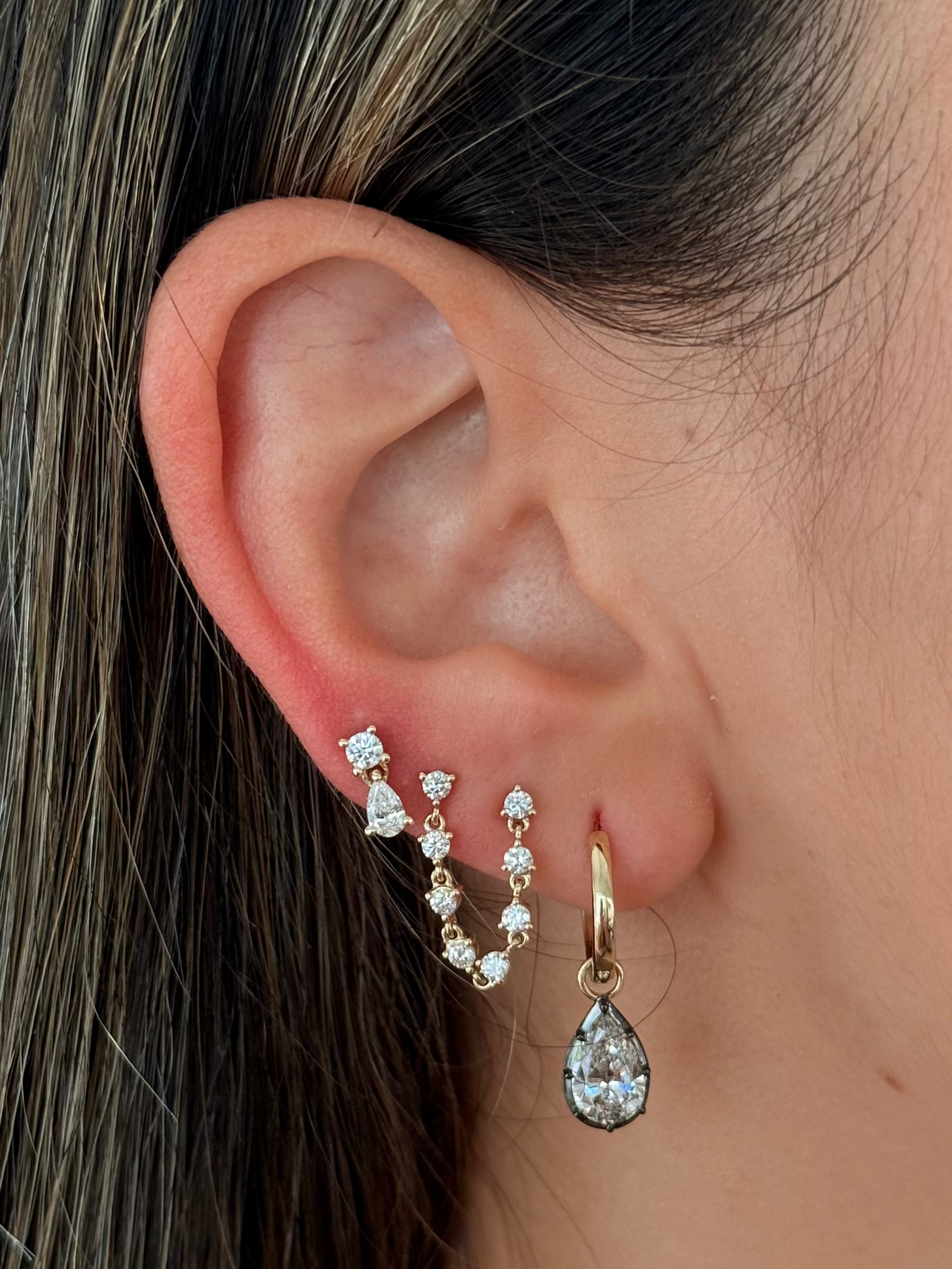 Gold Lab Grown Pear Black Rhodium Charm Earring