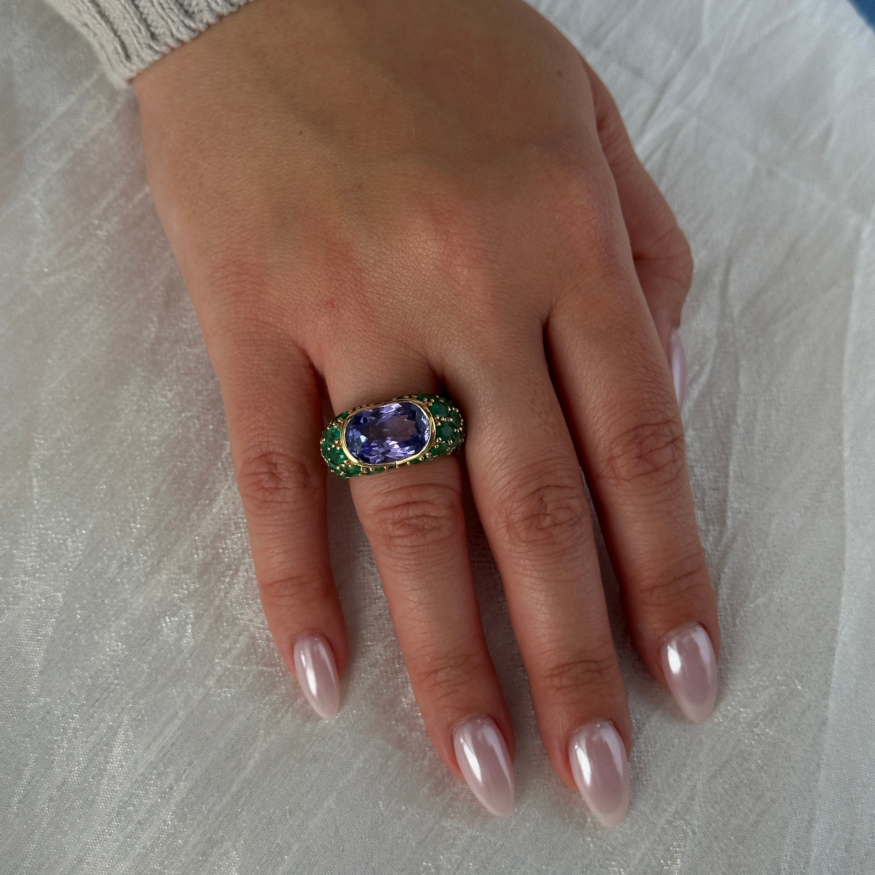 Gold Diamond Emerald Tanzanite Ring by Monisha Melwani