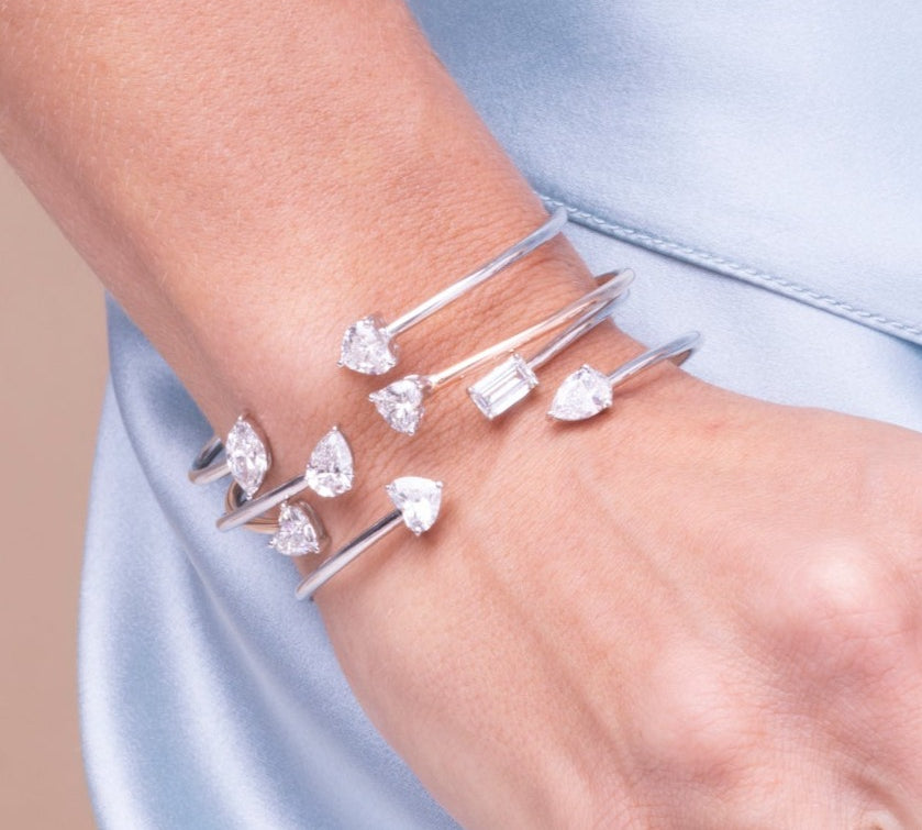 Gold Lab Grown Pear and Baguette Bangle
