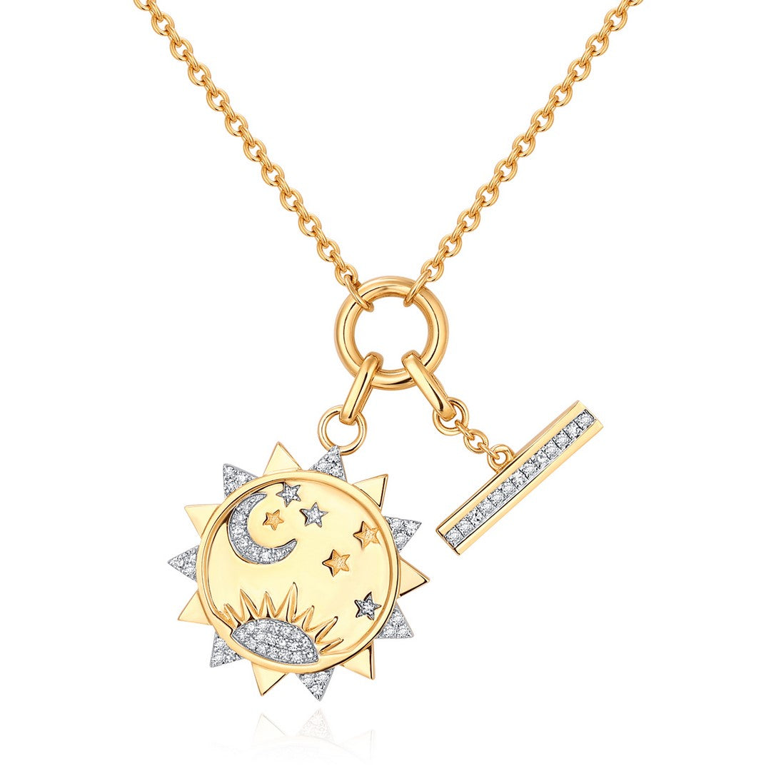 Gold Diamond Round Sun and Toggle Charm Necklace