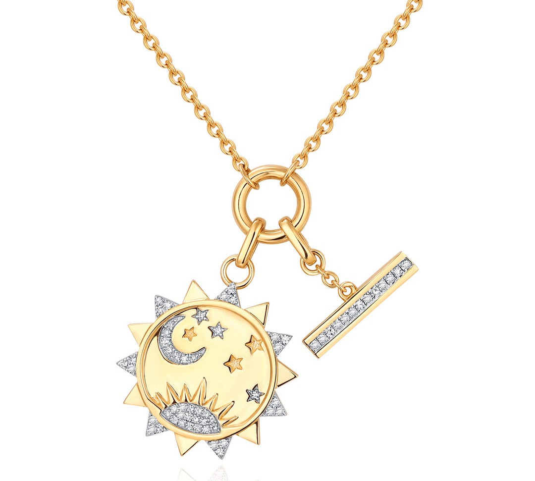 Gold Diamond Round Sun and Toggle Charm Necklace