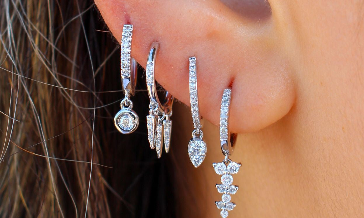Gold Diamond Bezel Drop Hoop Earring by Monisha Melwani Fine Jewelry