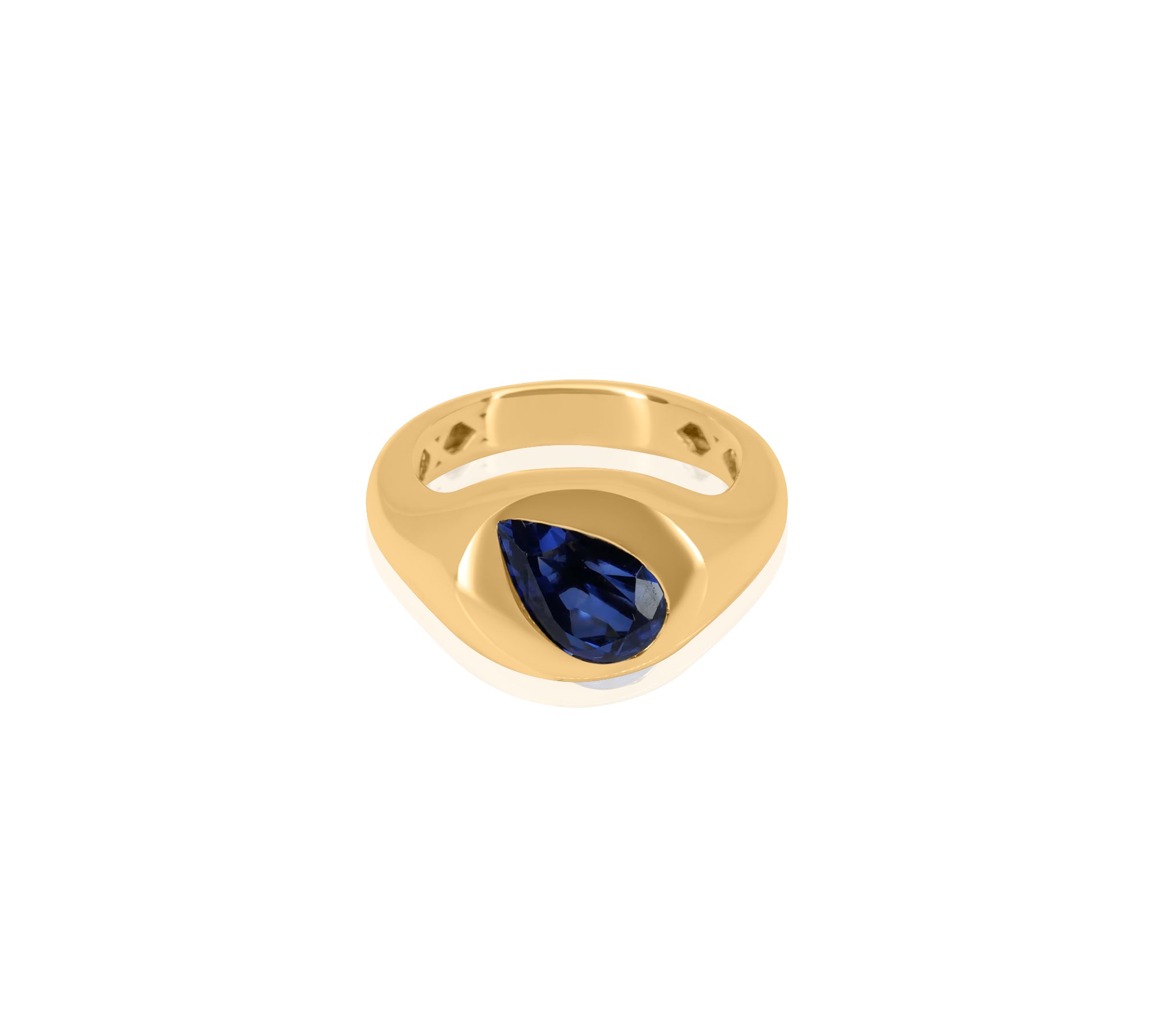 Gold Pear Blue Sapphire Lab Grown Signet Pinky Ring