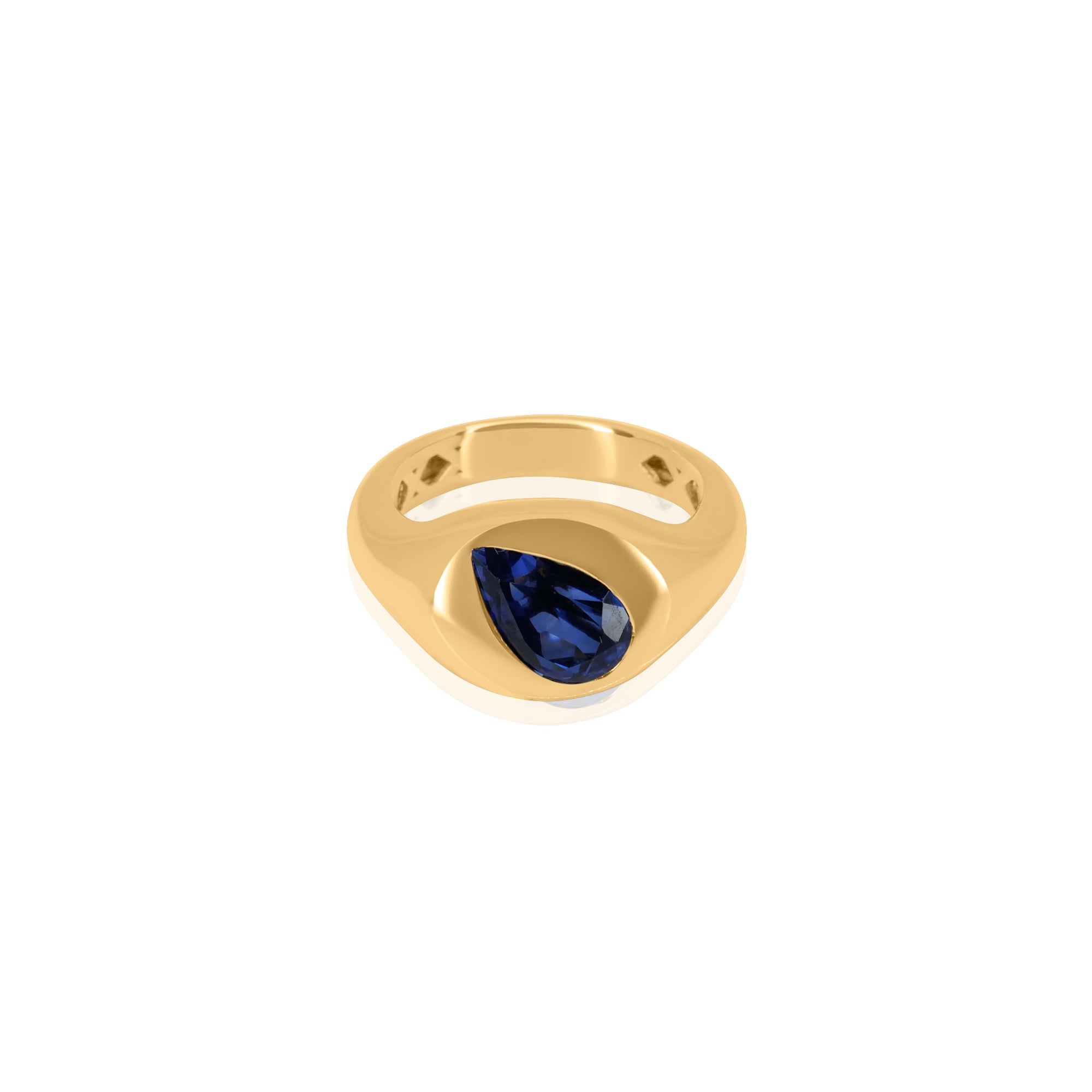 Gold Pear Blue Sapphire Lab Grown Signet Pinky Ring