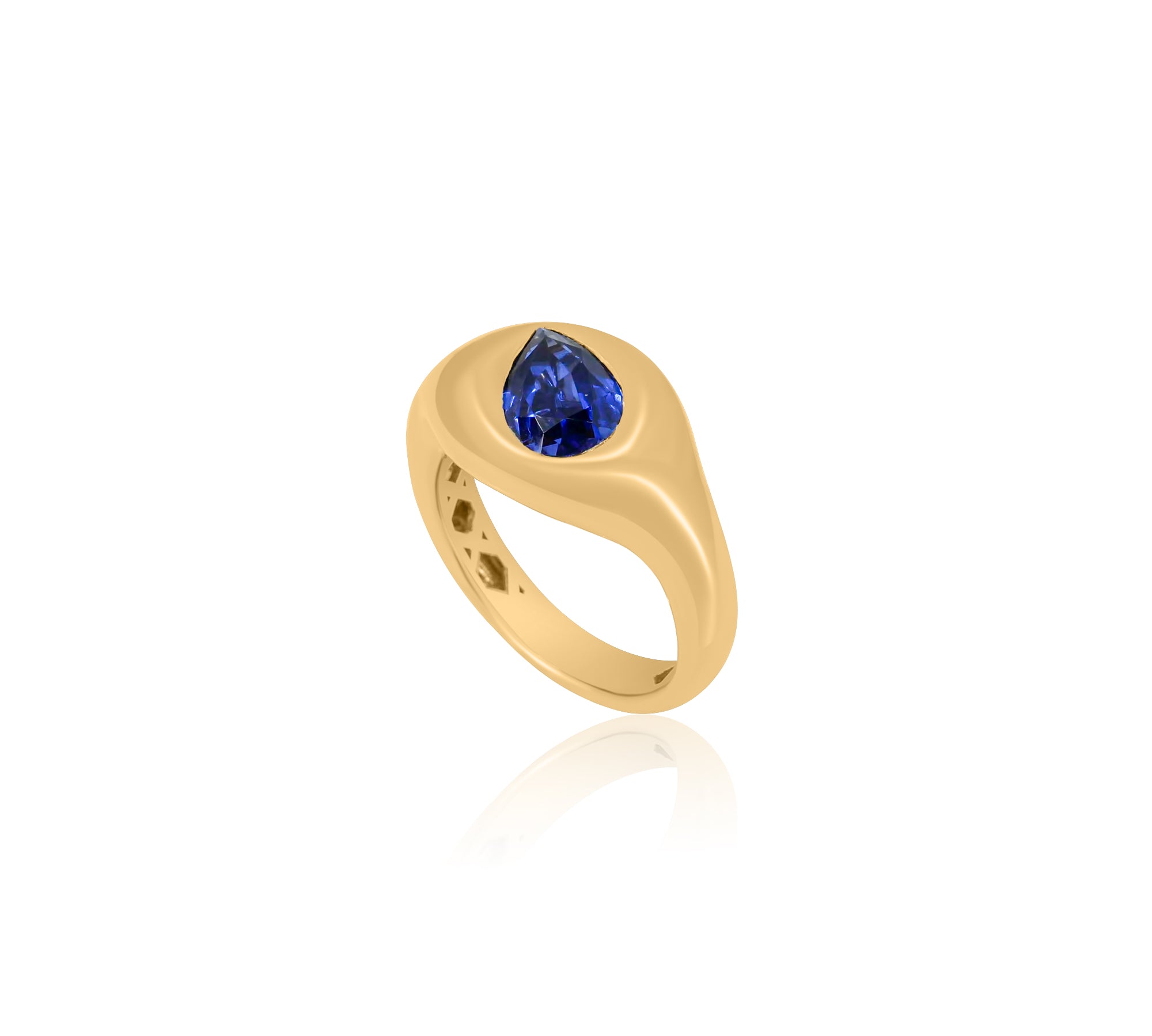 Gold Pear Blue Sapphire Lab Grown Signet Pinky Ring