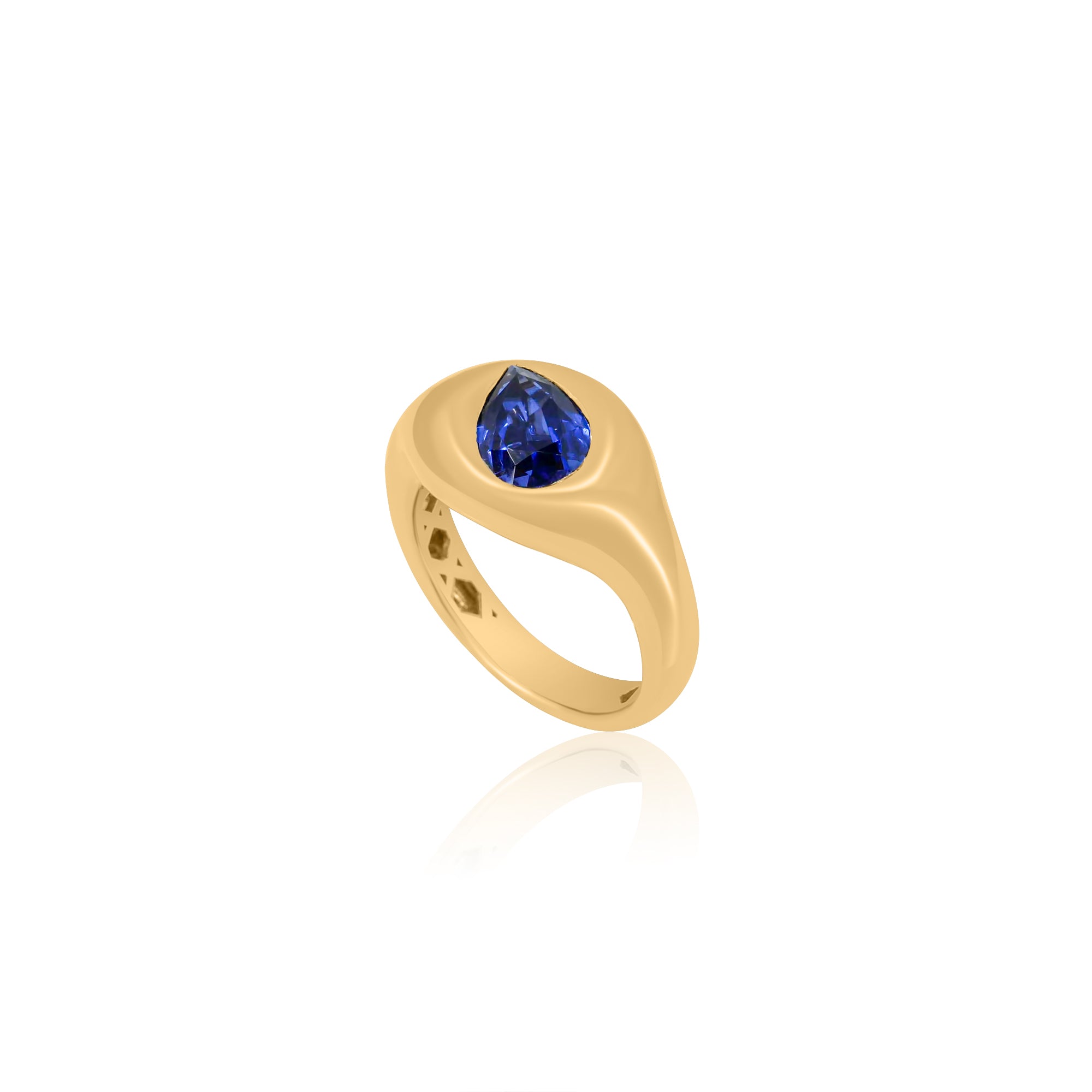 Gold Pear Blue Sapphire Lab Grown Signet Pinky Ring