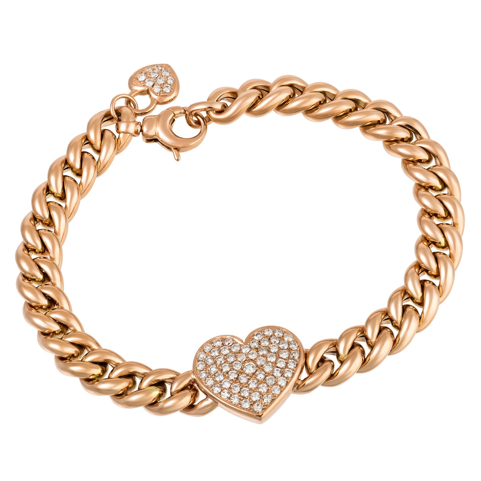 Gold Diamond Pave Heart Cuban Link Chain Bracelet