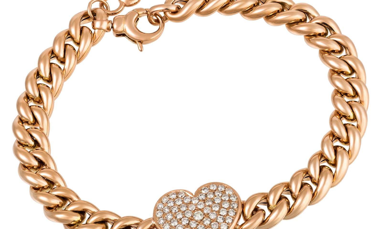 Gold Diamond Pave Heart Cuban Link Chain Bracelet