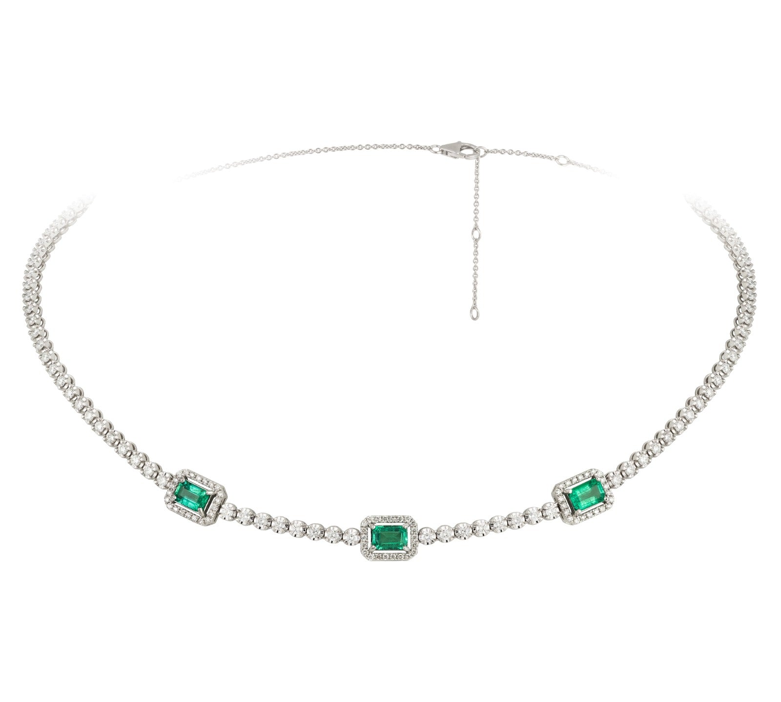 Gold Diamond Tennis Triple Emerald Baguette Necklace