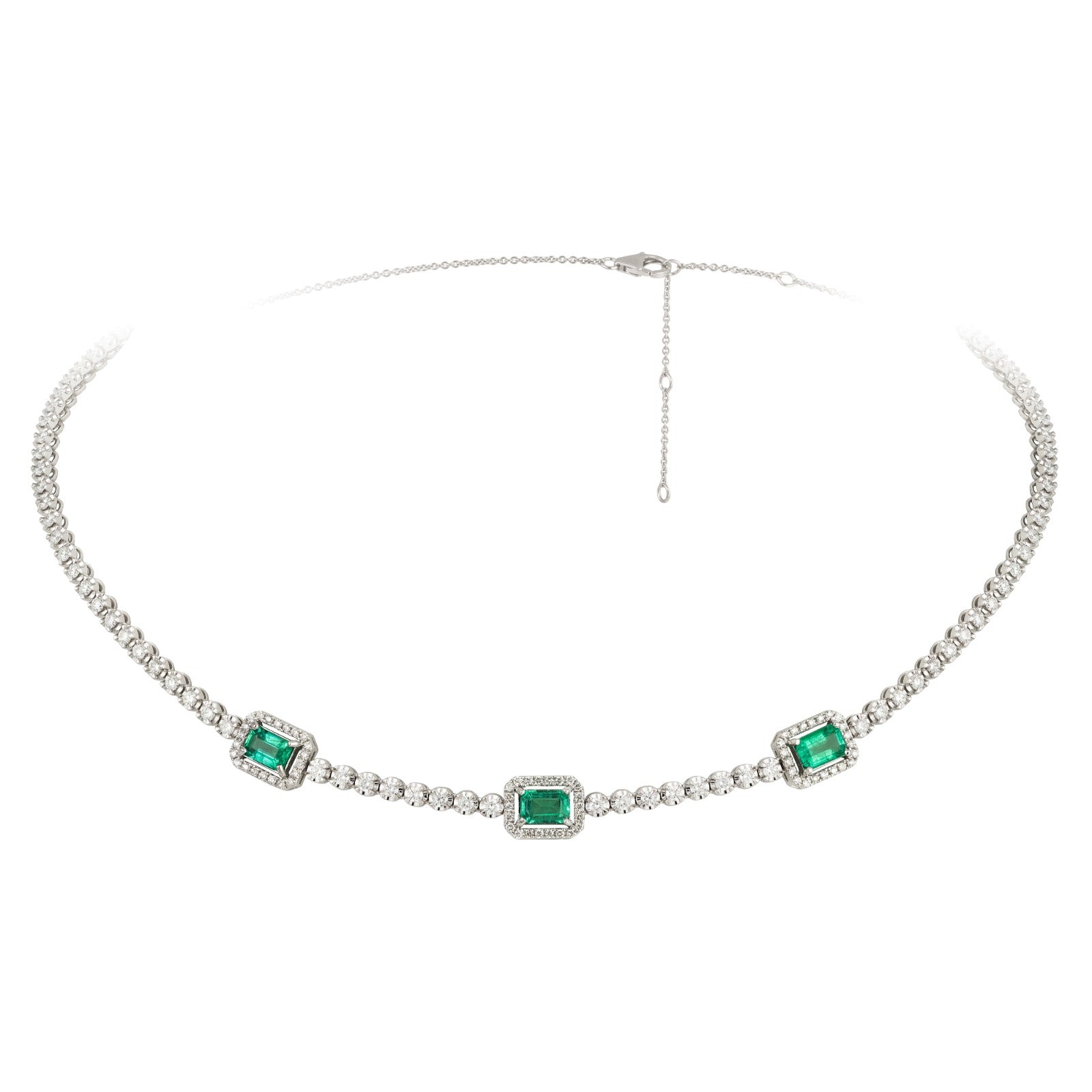Gold Diamond Tennis Triple Emerald Baguette Necklace