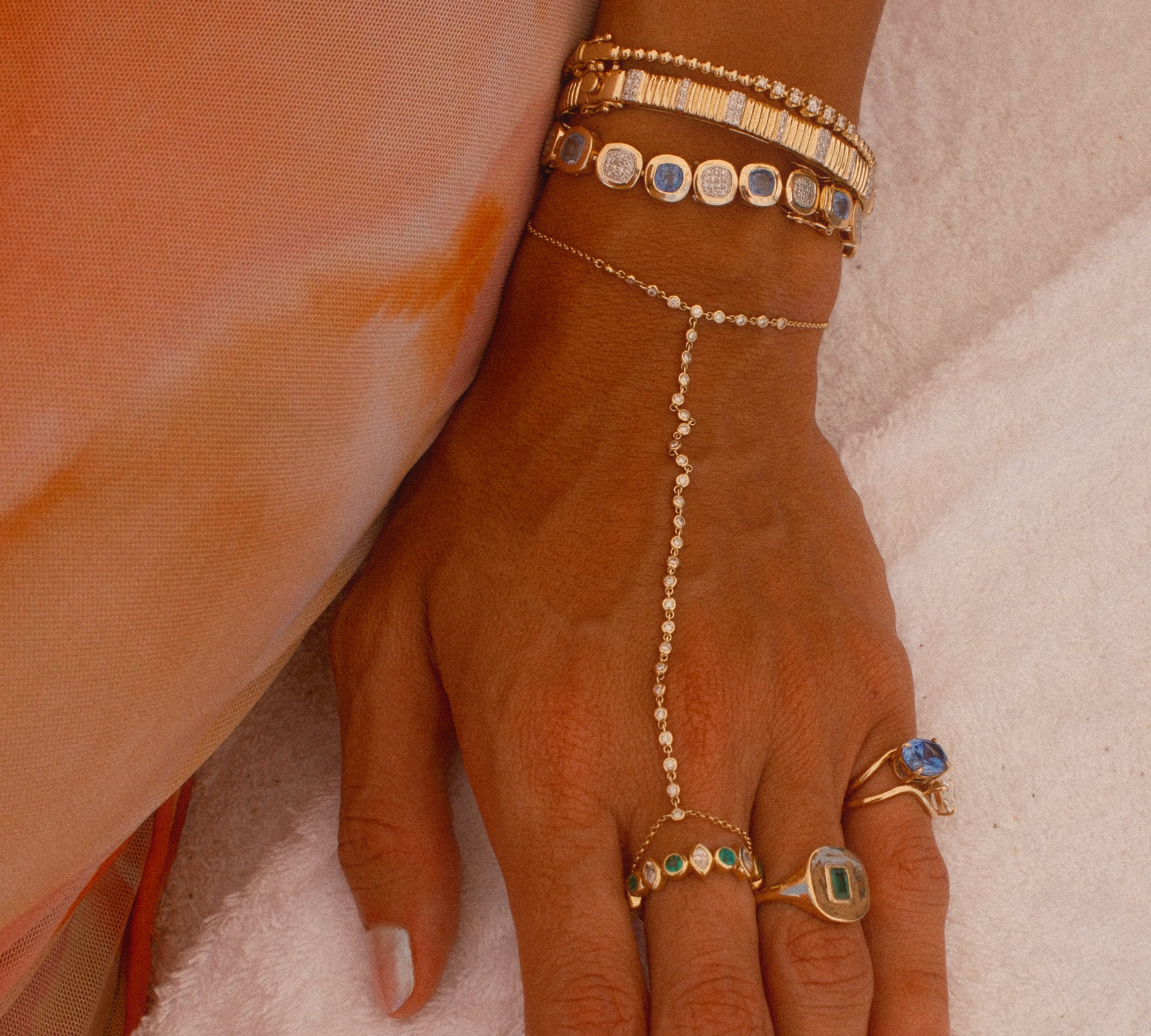 Gold Diamond Blue Sapphire Square Bezel Bracelet