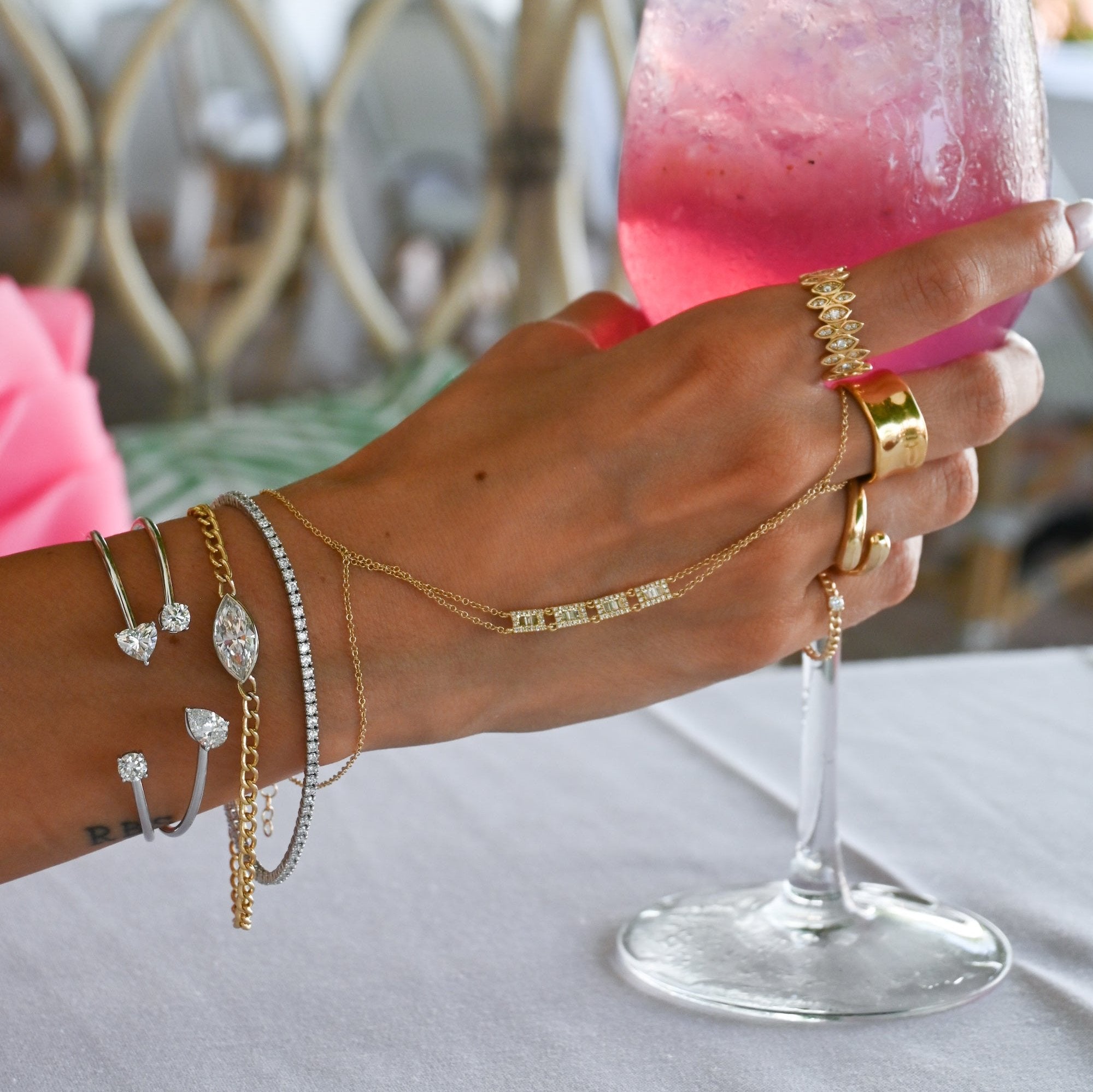 Gold Lab Grown Round and Pear Diamond Bangle