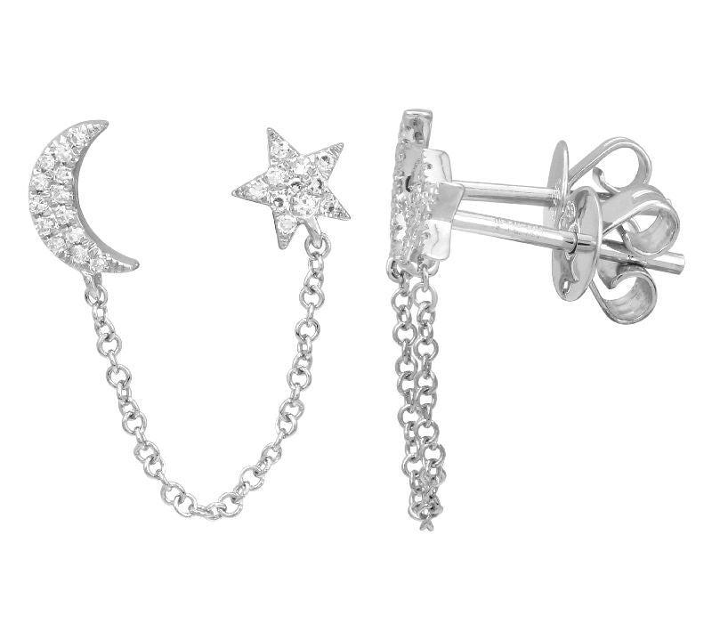 Gold Star and Moon Chain Diamond Earring - 14KT Gold - Monisha Melwani Jewelry