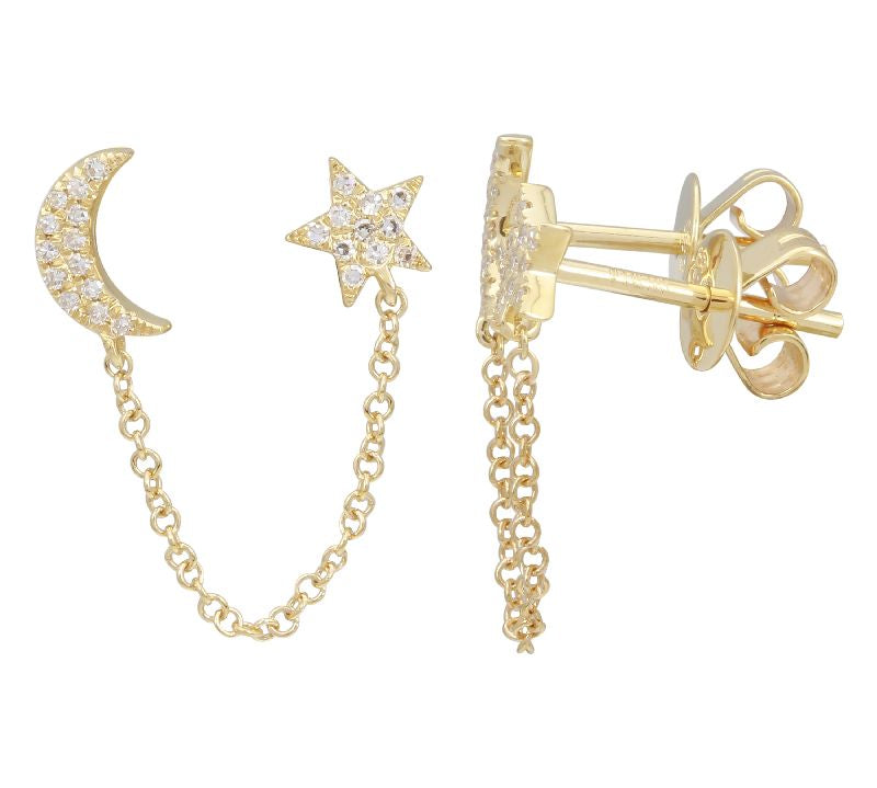 Gold Star and Moon Chain Diamond Earring - 14KT Gold - Monisha Melwani Jewelry