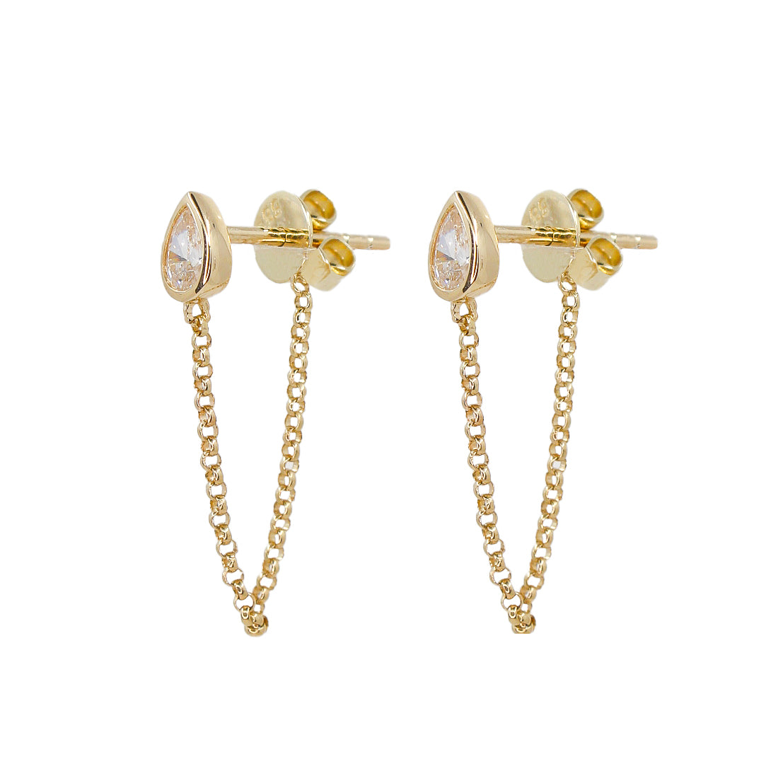 Gold Diamond Pear Chain Drop Earring - 14KT Gold - Monisha Melwani Jewelry