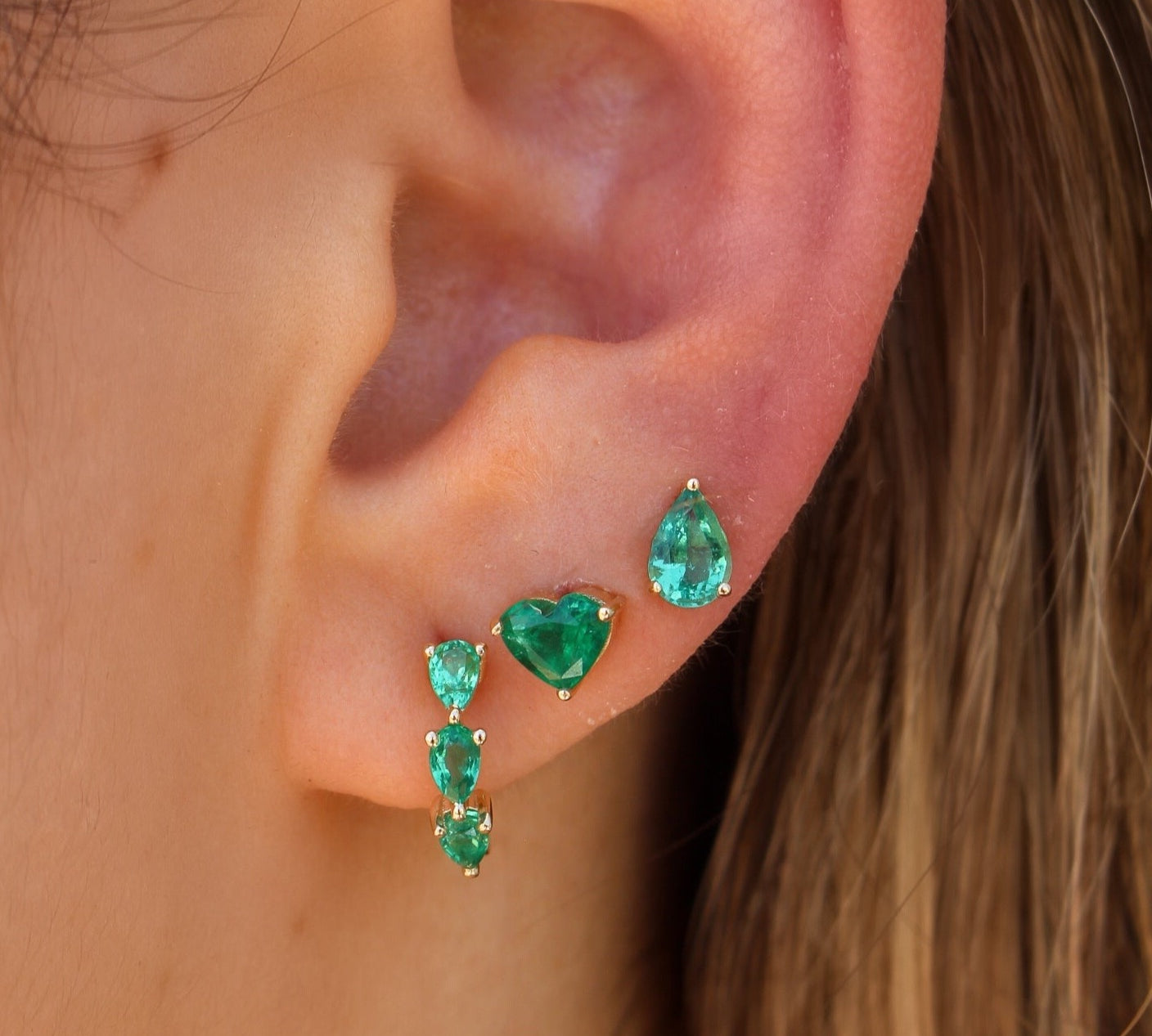 Gold Triple Pear Emerald Hoop Earring - 14KT Gold - Monisha Melwani Jewelry